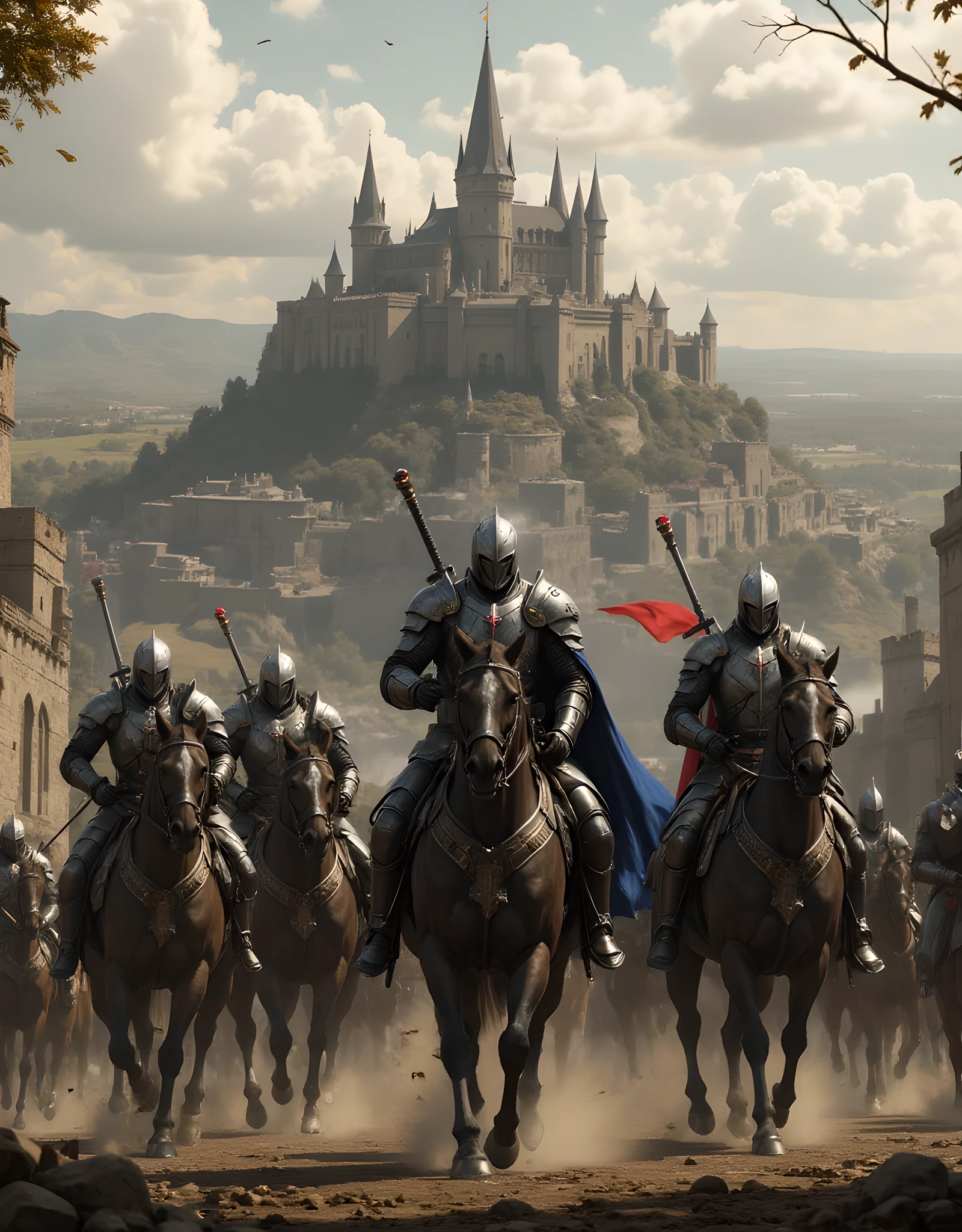 **Prompt:** Create a hyper-realistic panoramic image set in a medieval age where passionate french king guarded by blue cape knight cavalry units, they are marching forward into battlefield. Focus on the intricately detailed medieval armored french king and the broad swords held by the mounted horse king knight. The composition should utilize a symmetrical balance with central leading lines that draw the viewer's eye into the dynamic action. Incorporate various mixed lighting elements to enhance the dramatic atmosphere, capturing the essence of the ancient era. Utilize Unreal Engine 5 to achieve ultra-realistic textures, ensuring depth in the scenery, and convey the powerful energy of the cavalry charge. Aim for a wide-angle cinematic shot that provides a breathtaking view of the battleground with a backdrop of imposing castles and an expansive landscape.