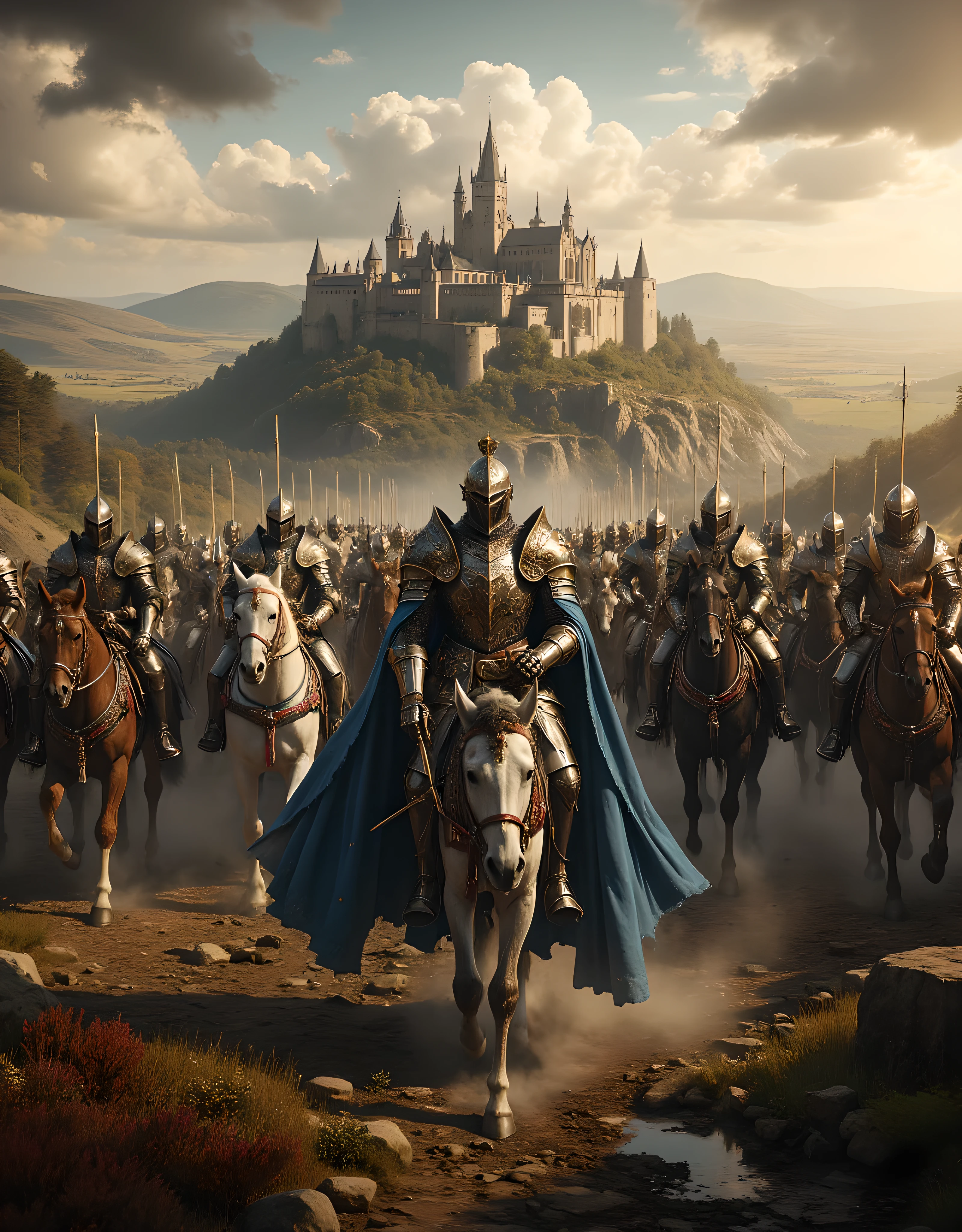 **Prompt:** Create a hyper-realistic panoramic image set in a medieval age where passionate Charlemagne king guarded by blue cape knight cavalry units, they are marching forward into battlefield. Focus on the intricately detailed medieval armored french king and the broad swords held by the mounted horse king knight. The composition should utilize a symmetrical balance with central leading lines that draw the viewer's eye into the dynamic action. Incorporate various mixed lighting elements to enhance the dramatic atmosphere, capturing the essence of the ancient era. Utilize Unreal Engine 5 to achieve ultra-realistic textures, ensuring depth in the scenery, and convey the powerful energy of the cavalry charge. Aim for a wide-angle cinematic shot that provides a breathtaking view of the battleground with a backdrop of imposing castles and an expansive landscape.