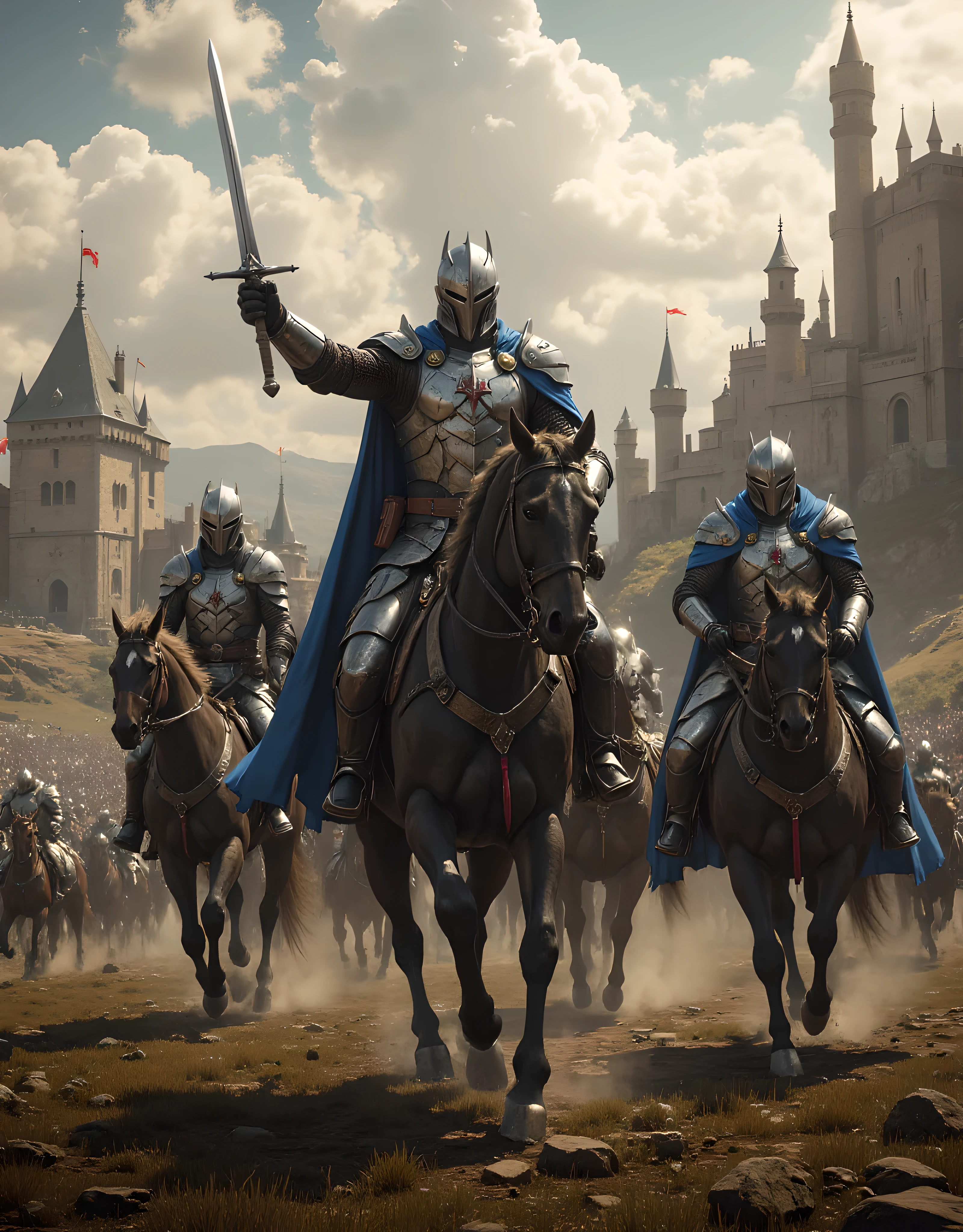 **Prompt:** Create a hyper-realistic panoramic image set in a medieval age where passionate french king guarded by blue cape knight cavalry units, they are marching forward into battlefield. Focus on the intricately detailed medieval armored french king and the broad swords held by the mounted horse king knight. The composition should utilize a symmetrical balance with central leading lines that draw the viewer's eye into the dynamic action. Incorporate various mixed lighting elements to enhance the dramatic atmosphere, capturing the essence of the ancient era. Utilize Unreal Engine 5 to achieve ultra-realistic textures, ensuring depth in the scenery, and convey the powerful energy of the cavalry charge. Aim for a wide-angle cinematic shot that provides a breathtaking view of the battleground with a backdrop of imposing castles and an expansive landscape.