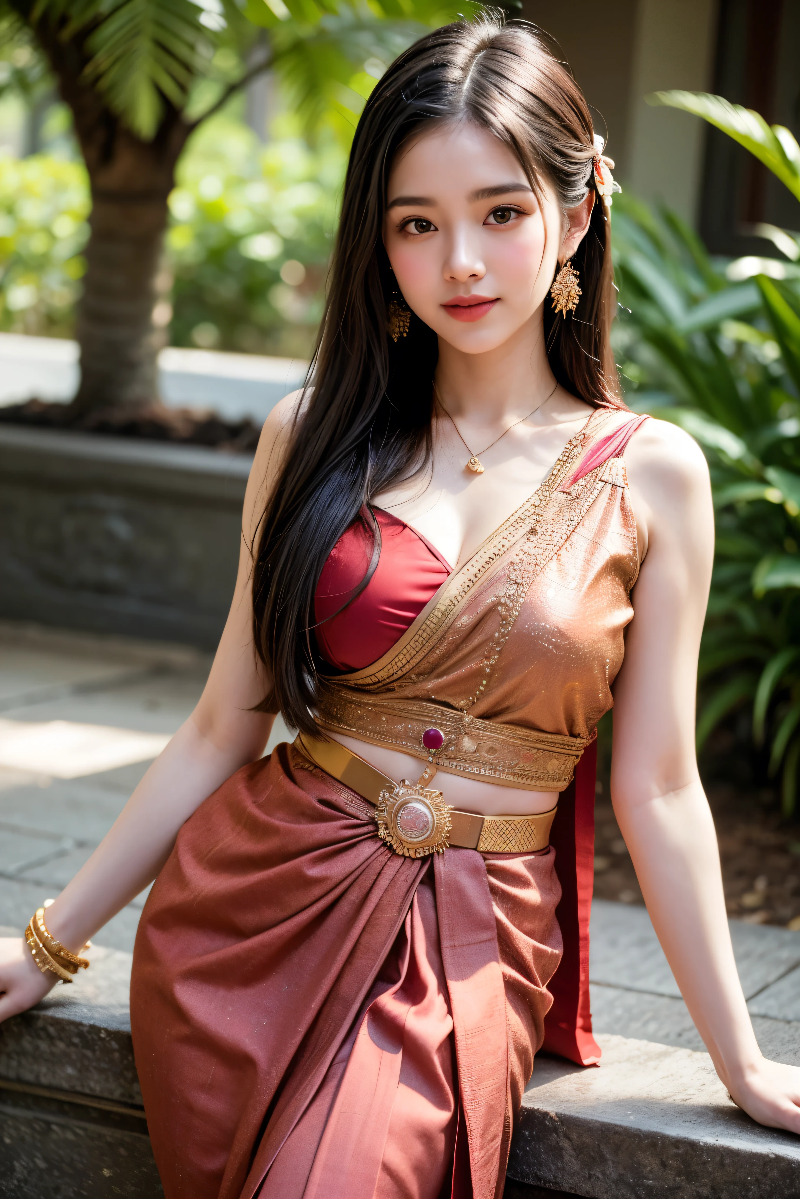 Araffe woman in a red and brown dress posing for a picture - SeaArt AI