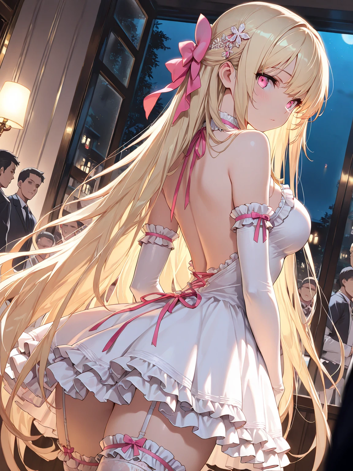 Beautiful blonde woman with red eyes and long hair、Singing like a punk while playing an electric guitar on a large dome stage、pure white prom dress、anime style、delicate touch、flashily、Rear view