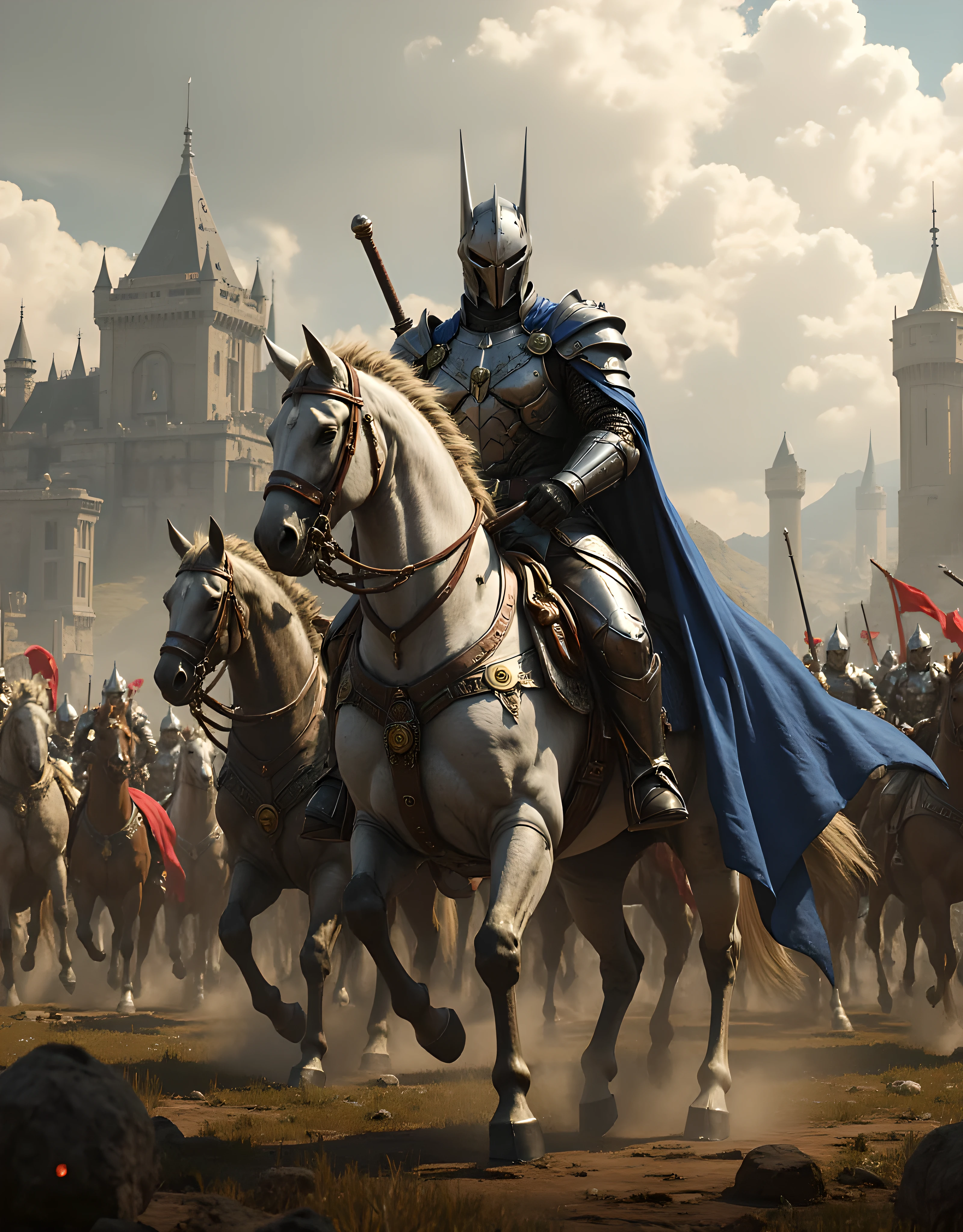 **Prompt:** Create a hyper-realistic panoramic image set in a medieval age where passionate french king guarded by blue cape knight cavalry units, they are marching forward into battlefield. Focus on the intricately detailed medieval armored french king and the broad swords held by the mounted horse king knight. The composition should utilize a symmetrical balance with central leading lines that draw the viewer's eye into the dynamic action. Incorporate various mixed lighting elements to enhance the dramatic atmosphere, capturing the essence of the ancient era. Utilize Unreal Engine 5 to achieve ultra-realistic textures, ensuring depth in the scenery, and convey the powerful energy of the cavalry charge. Aim for a wide-angle cinematic shot that provides a breathtaking view of the battleground with a backdrop of imposing castles and an expansive landscape.