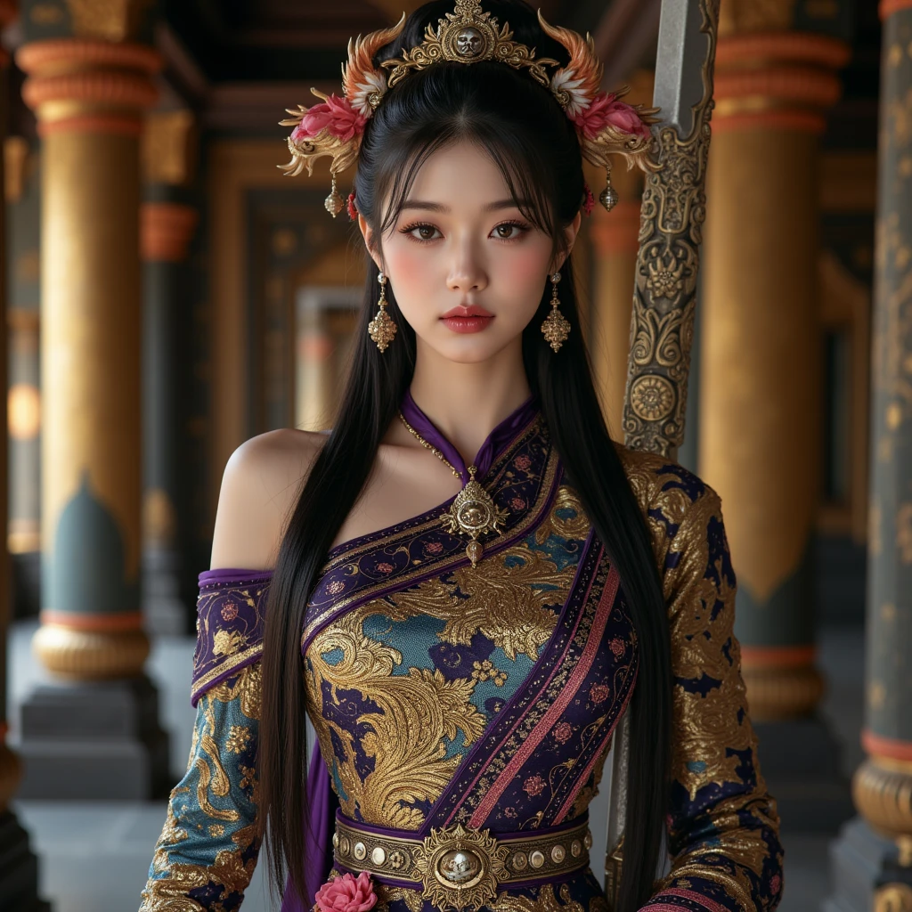 Close-up of a woman in low-cut transparent gold-white lace armor with large breasts with a lotus in her hand., headpiece, Purple necklace, Jade belt , Tighten your stomach, Beautiful Fantasy Empress, ((Beautiful Fantasy Empress)), beautiful heavenly mage, beautiful character drawings, Whole Xianxia, image of knight of the zodiac, By Yang J, Ji Liulian art style, Fantasy art style, shortened