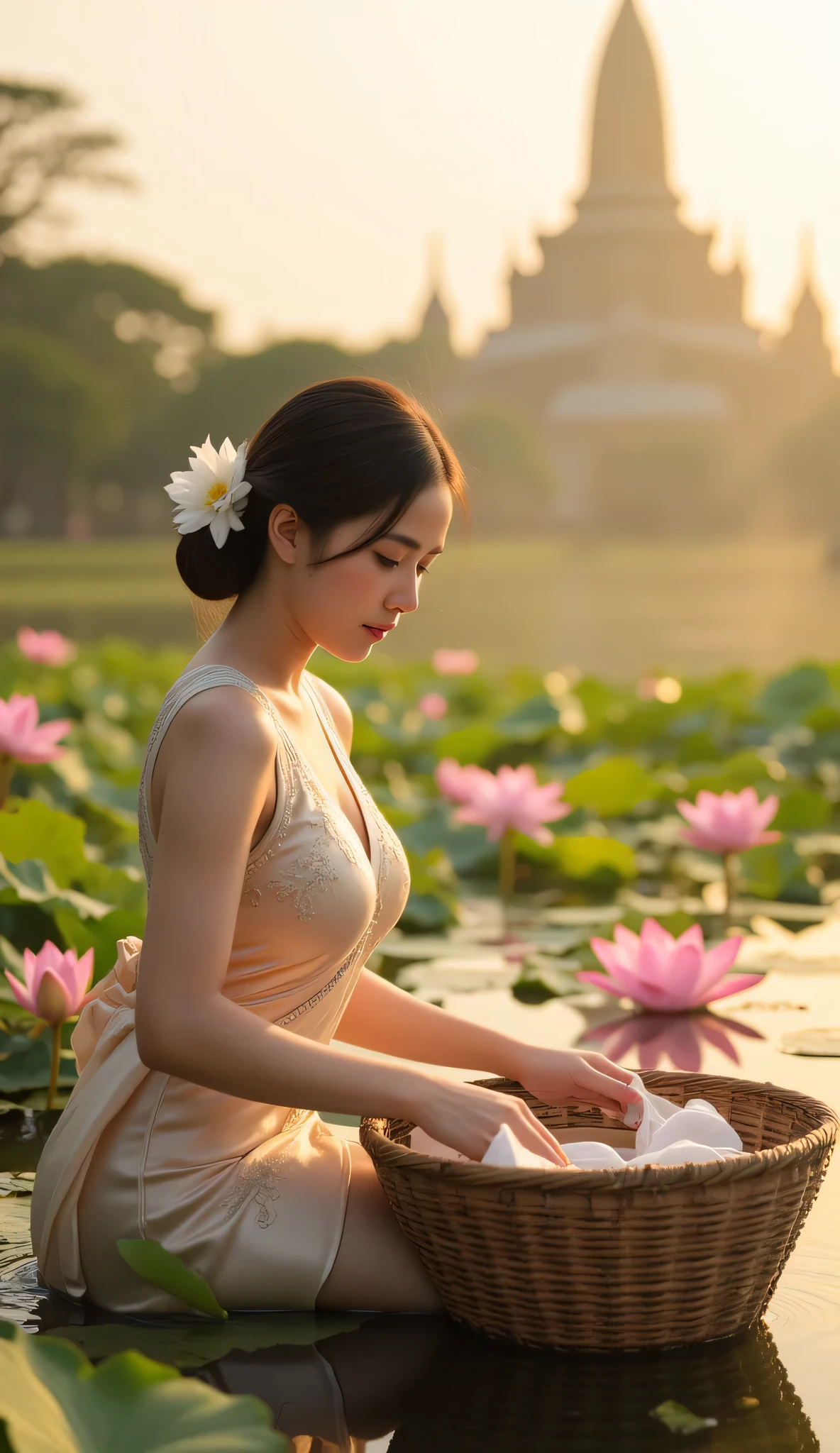 A breathtaking magazine-style portrait of a young Thai woman sitting gracefully at the edge of a lotus pond, delicately washing clothes in a woven basket. She wears a luxurious silk outfit with intricate embroidery, her soft curls framing her face, accentuated by a white lotus tucked behind her ear. The golden light of the late afternoon enhances the warm, ethereal atmosphere. Vibrant pink lotus flowers float gently on the water’s surface, while an ancient Thai temple rises in the distance, partially veiled by mist. A high-end, cinematic composition blending fantasy realism with cultural elegance,ultra-detailed, photorealistic, 8K resolution, cinematic lighting.