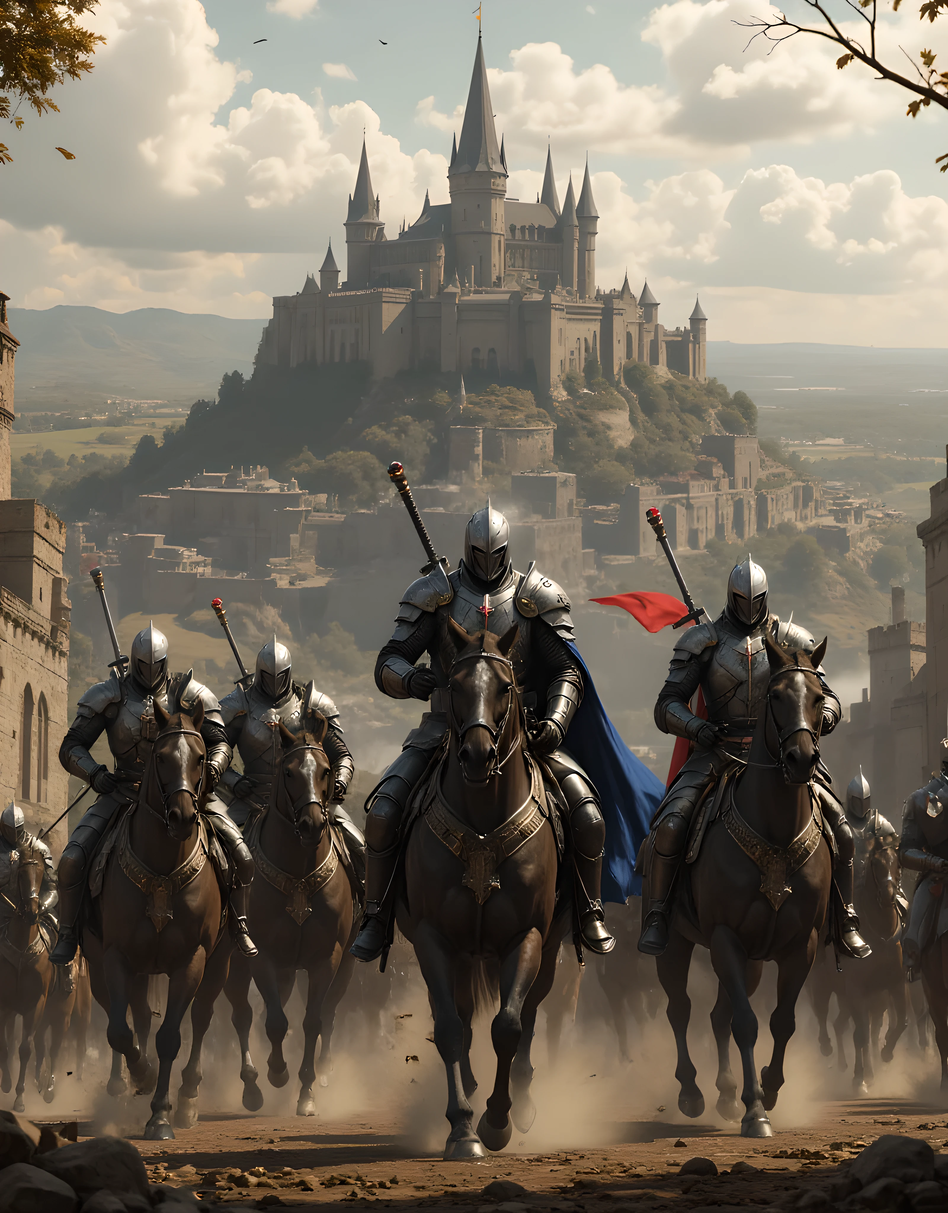 **Prompt:** Create a hyper-realistic panoramic image set in a medieval age where passionate french king guarded by blue cape knight cavalry units, they are marching forward into battlefield. Focus on the intricately detailed medieval armored french king and the broad swords held by the mounted horse king knight. The composition should utilize a symmetrical balance with central leading lines that draw the viewer's eye into the dynamic action. Incorporate various mixed lighting elements to enhance the dramatic atmosphere, capturing the essence of the ancient era. Utilize Unreal Engine 5 to achieve ultra-realistic textures, ensuring depth in the scenery, and convey the powerful energy of the cavalry charge. Aim for a wide-angle cinematic shot that provides a breathtaking view of the battleground with a backdrop of imposing castles and an expansive landscape.