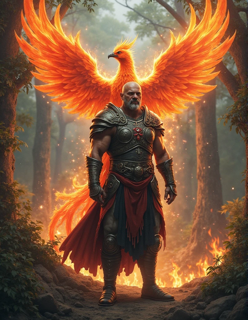 Create a handsome male warrior next to a phoenix rising from the fire ...