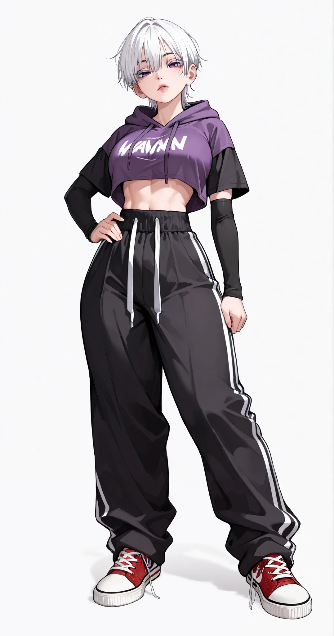 1 girl, tomboy, beautiful face, short hair, straight hair, white hair, purple eyes, reddish lips, cold eyes, bright skin, white eyelashes, sexy body, fit body, slim waist, big hips, hourglass figure, thick thighs, very large breast, purple cropped hoodie short sleeves, black arm sleeves, oversize black karate pants, red high top shoes, vans shoes, full body, standing, hand on waist pose, plain white background