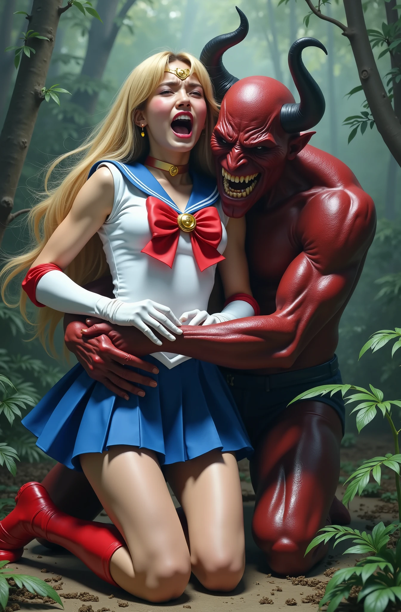 Hyperrealism, masterpiece, highest quality, A young Japanese woman is sitting on the devil lap, ((she is crying and screaming in pain)), painful face, she is wearing a Sailor Moon costume, Blue sailor collar, Blue mini pleated skirt, she is wearing pleated skirt, blue pleated skirt, Long white gloves, shiny beige color pantyhose, red high boots, Exposed thighs, red long boots, big choker, long blonde Hair, a devil is kneeling sexual assault her, the devil is hugging her and touching her crotch, the girl push his hand out, in the jungle,