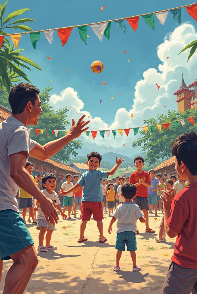 Children are playing tug of war and climbing the greasy pole with the backdrop of Indonesia's August 17th independence celebration.