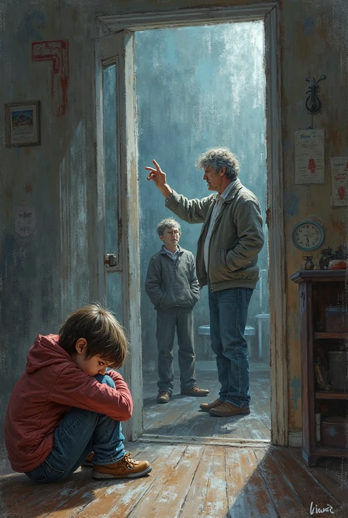 Create a drawing of a man watching a TV in a shop window showing children suffering from the war and next to the man a child sitting hungry and cold with torn clothes and without a coat crying.