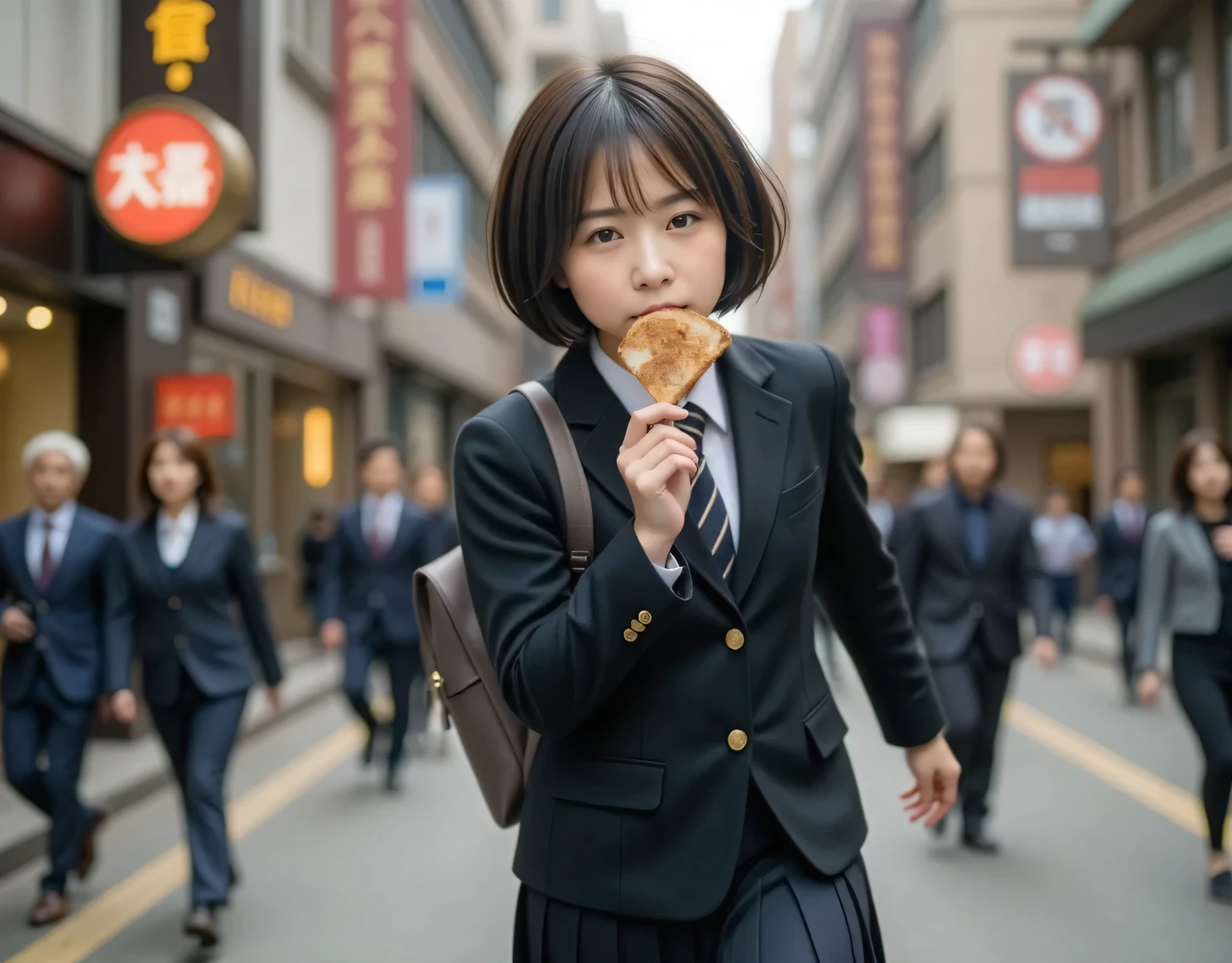 Dramatic Scene, shadow, Global Illumination, alone, Photo of a female student:1.331, realistic, Beautiful Japanese woman's face, On a downtown street:1.5, She's running in a hurry:1.5, side view :1.8, very realistic photo, super real, photorealistic, perfect anatomy:1.21, small head:1.21, Toasted breadを口に入れてます:1.5, Slightly toasted bread, Portrait of a Japanese woman:1.21, A plain blazer uniform from a famous high school in the city, Black blazer:1.331, white shirt:1.21, Black thin loop ribbon :1.331, black pleated skirt, carrying a school backpack based on warm colors , black hair:1.21, bob cut hair:1.21, Beautiful Japanese woman's face without makeup:1.21, Detailed Iris, Sharp eyebrows:1.37, detailed faces, Glowing Skin:1.21, There are many passers-by in the background, Please add blur and motion blur to anyone other than her:1.331, Silky Screen, Dynamic and cinematic lighting shines,