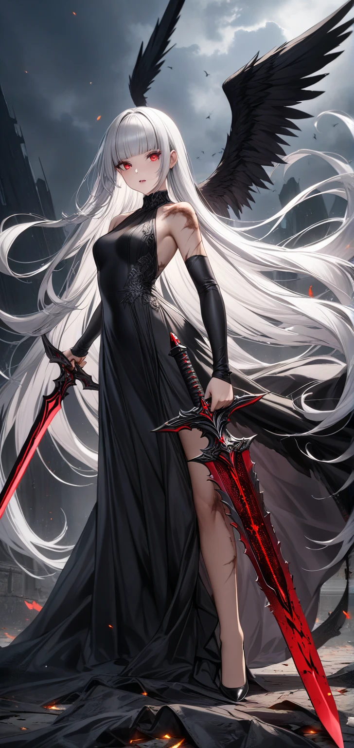 A full-body portrait of a girl wearing a white cloak, surrounded by an atmosphere of solitude, darkness, and oppression. The girl's expression is somber as she stands amidst the gloom, her face partially obscured in shadow. Her white cloak is stained with blood and dirt, reflecting the struggles she has faced. Her hair is disheveled and messy, adding to the overall disarray and turmoil. The composition showcases her profile, revealing a glimpse of her determination and resilience. Behind her, a pair of tattered wings symbolize her desire to break free from her constraints, despite the broken sword she holds, a testament to past battles fought. The overall scene captures a sense of melancholy, depicting the girl's internal struggles and the weight she carries. Executed in a bold and expressive style, with dynamic brushstrokes and a subdued color palette that emphasizes the darkness and heaviness of the atmosphere.