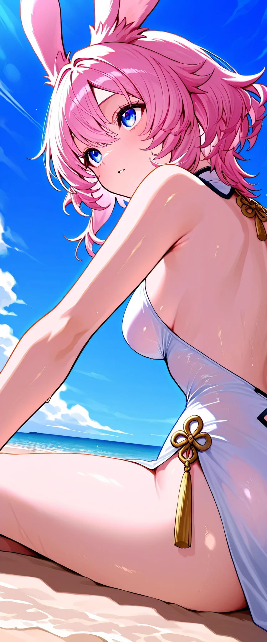 SFW, Greatest Masterpiece、TOP QUALITY、8k,Wore Ao Dai(Viera族of女性)of(( back view)), Transparent to come on, ((, 深い胸of谷間、))、(((sitting on a beach))), (((青空に浮かぶ一つだけof白い入道雲, I'm looking at the blue sky))), (((Composition looking up at the sky from below)))