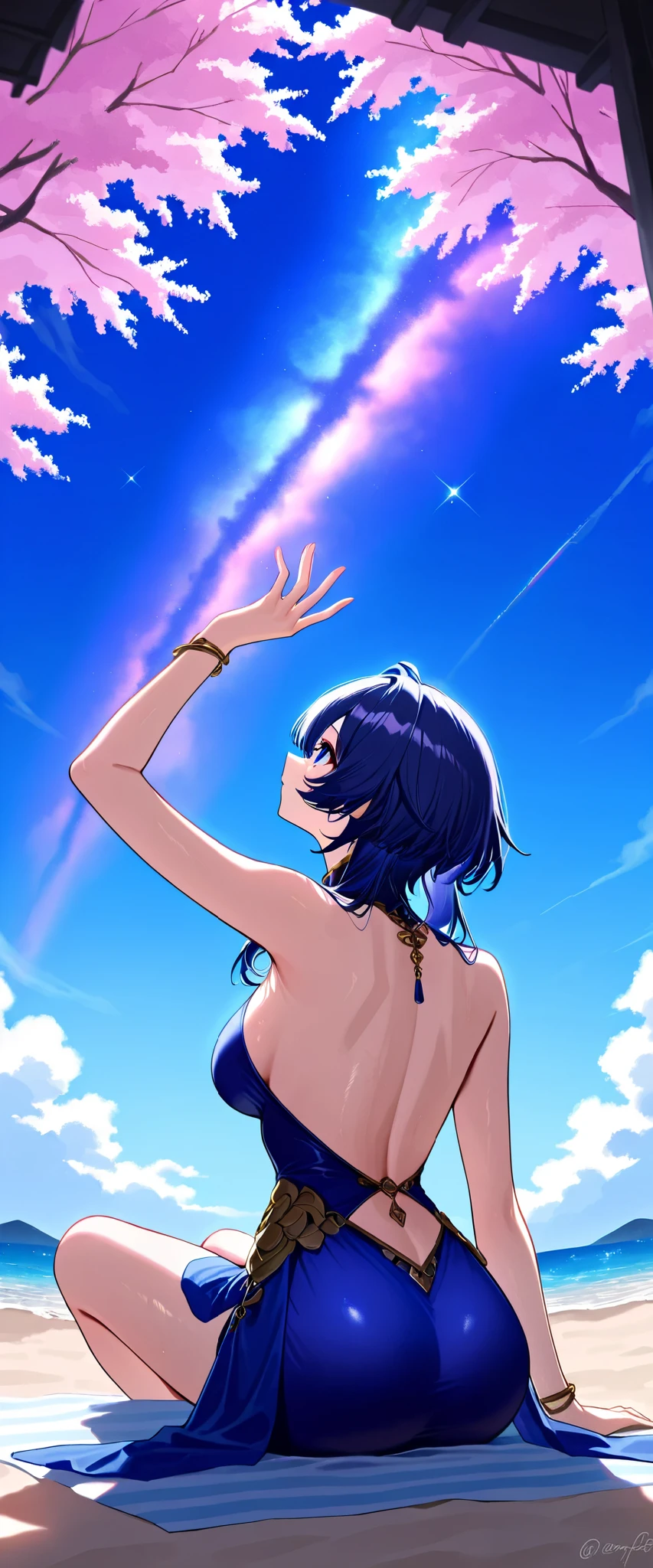 SFW, Greatest Masterpiece、TOP QUALITY、8k,Wore Ao Dai(Viera族of女性)of(( back view)), Transparent to come on, ((, 深い胸of谷間、))、(((sitting on a beach))), (((青空に浮かぶ一つだけof白い入道雲, I'm looking at the blue sky))), (((Composition looking up at the sky from below)))