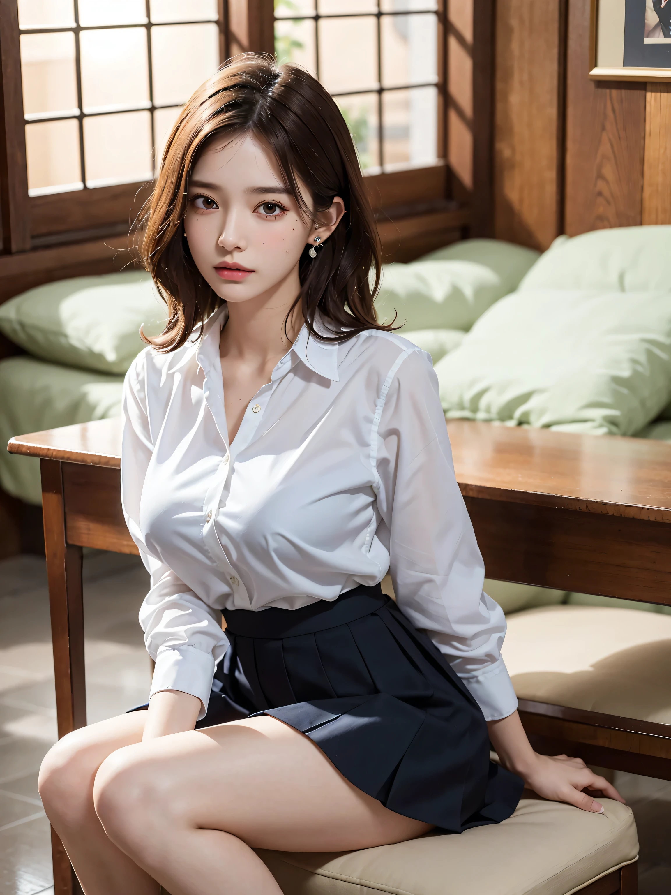 ultra realistic 8k cg, picture-Perfect 얼굴, Perfect, Clean, masterpiece, professional illustrations, famous work of art, Perfect 얼굴, beautiful face, beautiful eye, ((Perfect 여성의 몸)), alone,(Immersive atmosphere, Chiaroscuro:1.5,bright lights:1.2,glowing lights)
,,(blush:0.5),fascinating expression,very detailed_eye,thick thighs,,skinny body,
Beautiful and detailed backgrounds,depth of field,realistic:1.3, long shot,1 woman,shirt,pleated skirt, , seat, whole body,
(ambient light:1.3),(cinematic composition:1.3),(neon lights:0.1),(HDR:0.1),accent lighting, white pantyhose,