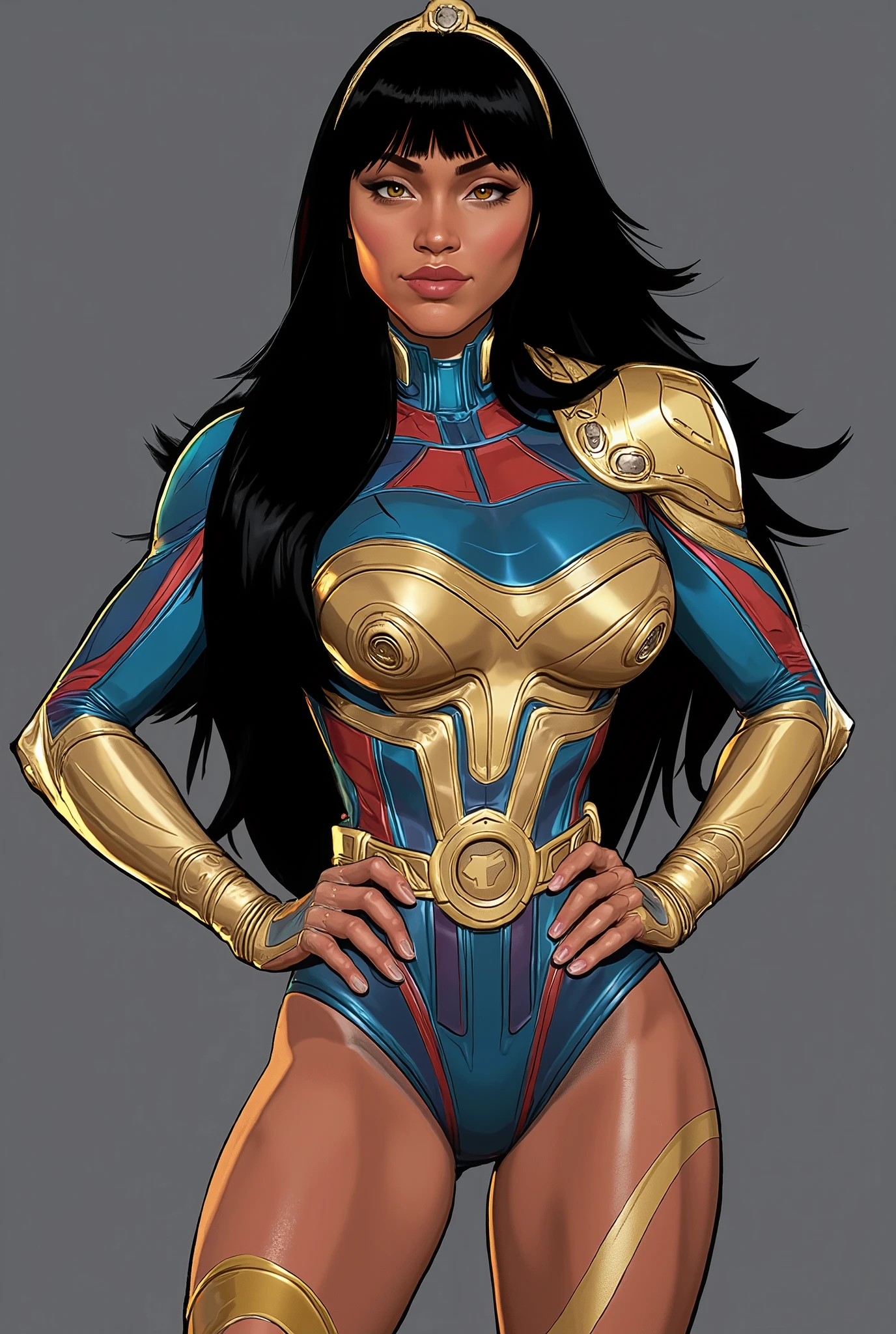 score_9, score_8_up, score_7_up, volumetric lighting, dynamic shading, 1girl, Yara Flor, dark skinned female, female is native Brazilian, blue leotard, knee high boots, amber eyes, tiara, tight clothing, golden chestplate armor, (cameltoe:.5),golden armband, golden pauldron, long black hair, blunt bangs, large breasts, skin indentation, eye contact,, flouting, suggestive pose, professional lighting, ultra realistic, hands on hips, hands on waist, grey background 8k, vibrant colors, highly detailed, grey background, full body, character design sketch in various perspectives, rear, front, 3 /4, profile

