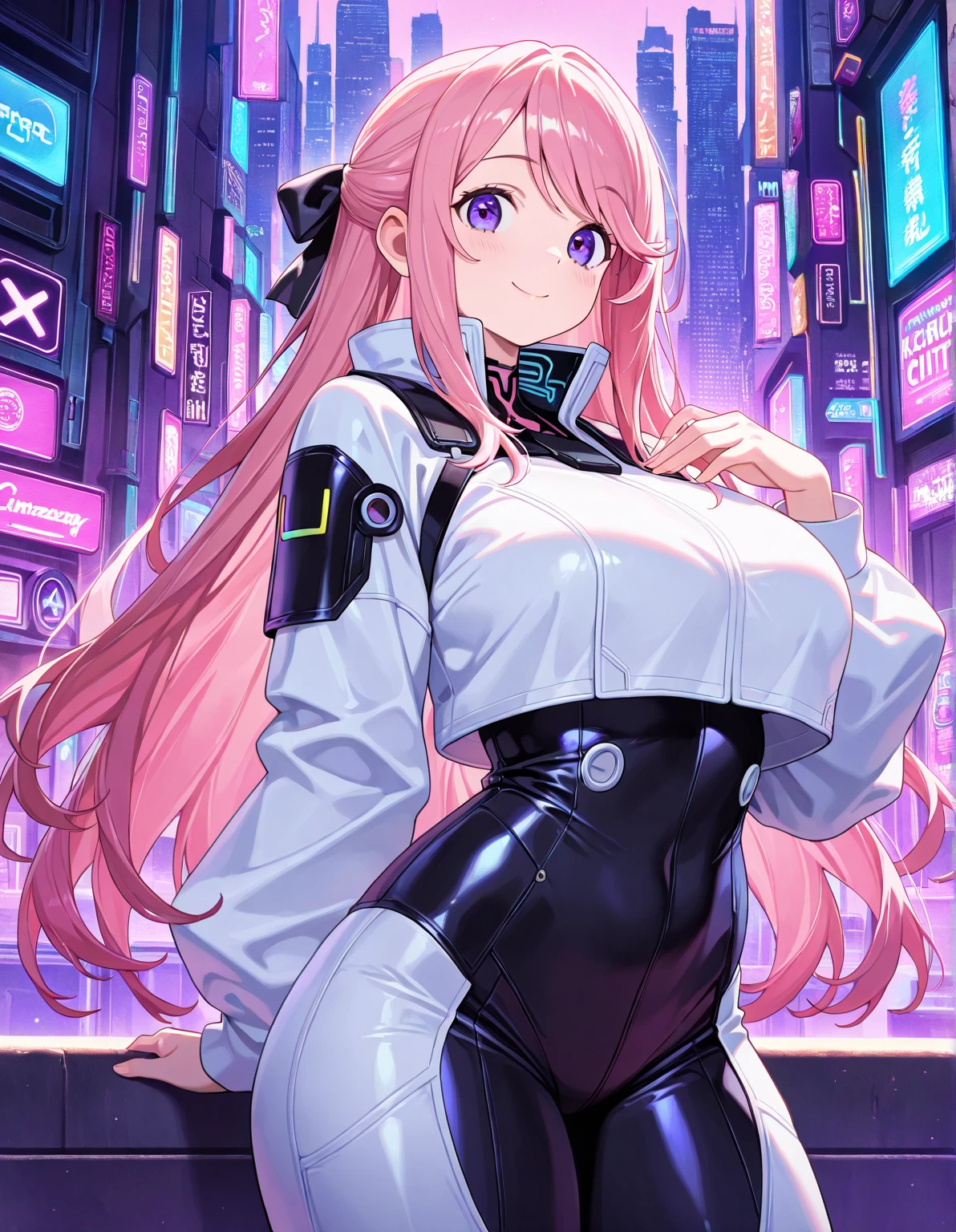 masterpiece,highest quality,(Super detailed),masterpiece,written boundary depth,perfect sentence, Detailed CG,Super detailed,(highly detailed eyes,very cute face,highly detailed face:1.3),beautiful anime girl,(solo girl:1.9),(super huge breasts:1.6),(pink hair,low twin tails:1.5),(light blue eyes),(smile:1.3),open your mouth,show viewer,break,(cyberpunk costume,white long leather coat:1.5),(black high neck crop top:1.5),underboob,Cybernetic headgear,cybernetic coat,belly button,black shorts,black knee high boots,cyberpunk city,neon,City of night,Skyscraper,break,Put your hands in your pockets,(whole body,angle from below:1.7)