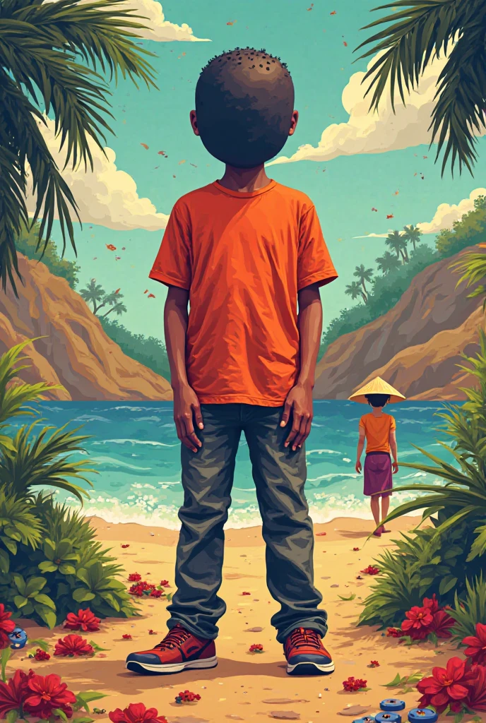 Criar uma foto realista de um jovem negro tomando banho de sol numa praia deserta na lua