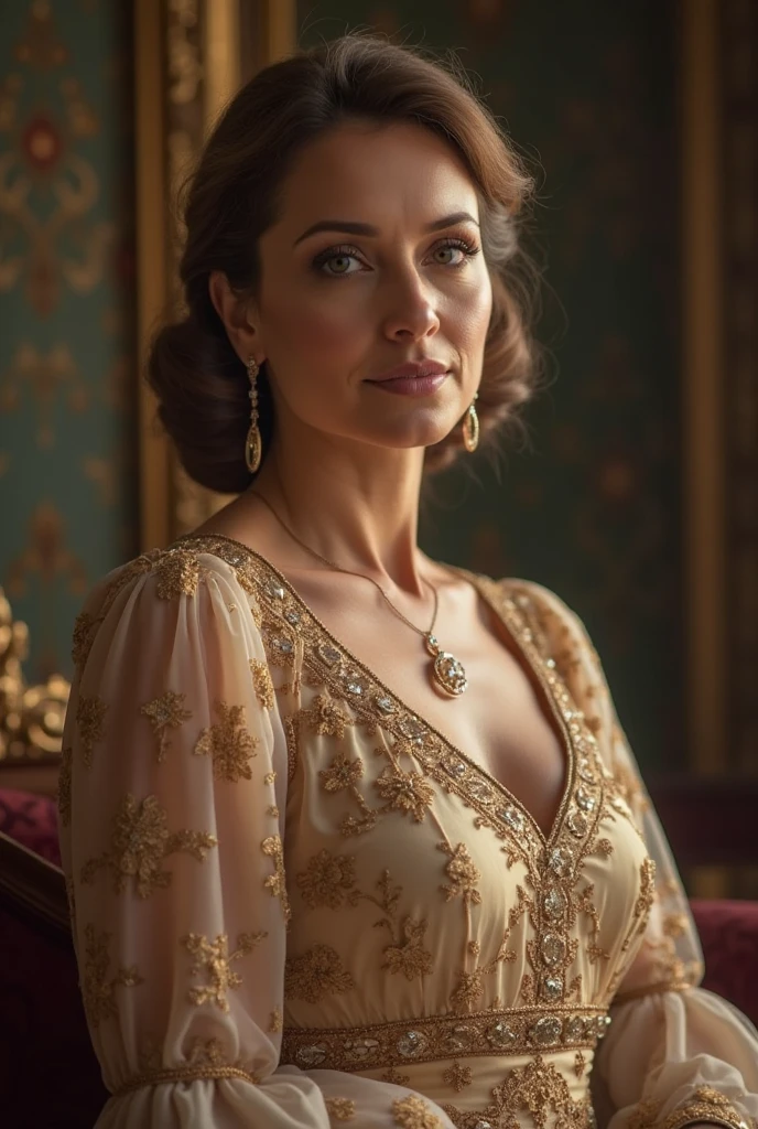 Best Quality, masterpiece, photorealistic:1.27, ultra high resolution, Foto RAW 8K, scarlet johansen, dress, Alone, by the wide, Brown hair, wavy fur, colorfull dress, bare shoulders, luxury interior shot, window lighting, standing, dynamic pose, jewelry, earrings, collar, nod, variety of designer clothing, looking at the viewer, detailed texture, edge ray, cowboy shot