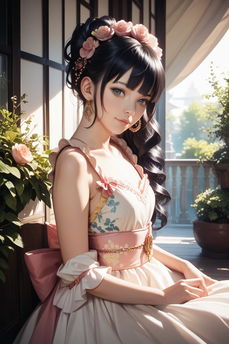 1 beautiful mature girl, looking at viewer, upper body, realistic,real girl, gentle girl, Girly, smooth pink and white skin, Front bangs, large breasts and round, excessively frilled princess dress, draped clothes, flawless face, jewelry, high nose, ornament, flower, lace trim, beautiful big and round orange eyes, sharp eyebrows, very sharp and detailed peacock eyelashes and makeup,orange red lipstick, Smile without opening your lips, long silky black hair and jewelry clips, masterpiece, best quality, 8k, detailed skin texture, detailed cloth texture, beautiful detailed face, intricate details, ultra detailed, rim lighting, side lighting, cinematic light, ultra high res, 8k uhd, film grain,best shadow, delicate, RAW photo, detailed and clear images, extremely sharp images,