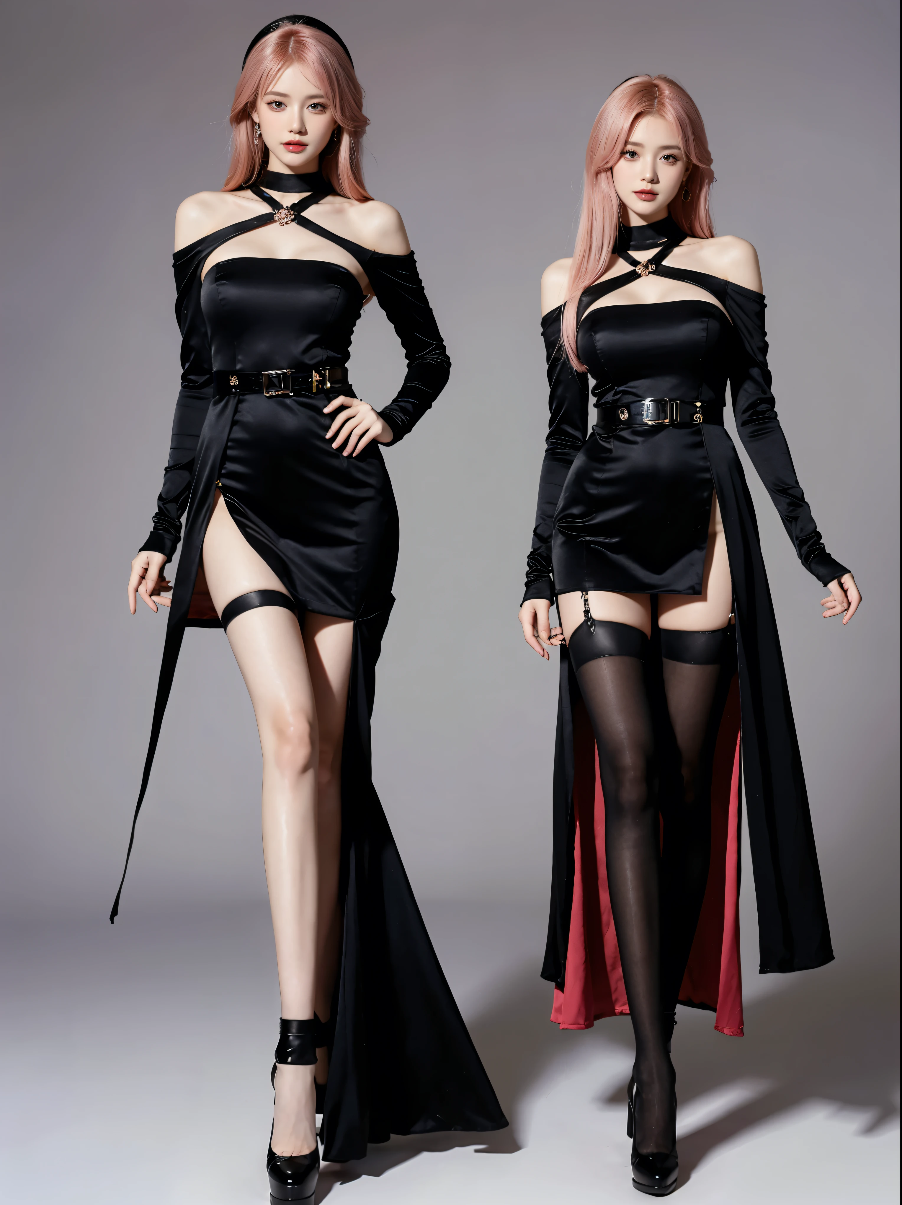 8k, masterpiece, RAW Photos, Highest quality, detailed:1.2),Realistic, Extremely detaileded CG unifies 8k, 8k, diamond, wallpaper, Written boundary depth, (Bright bedroom:1.2), Ray Tracing, (Very beautiful face, Beautiful Lips, Beautiful Eyes), intricate detailed face, ((ultra detaileded skin)) 、(Two Girls:1.7), Cute Korean Girl, K-POPアイドル,(Slim figure), ((Viewer Display)), (Body Conscious:1.2),(Glossy silk long dress:1.8),(Tight fit:1.5),(Off the shoulder:1.2),(Strapless:1.5),(Tube top dress:1.5),(Injection Sleeve:1.1),(Black silk long dress:1.5) ,(Black opera gloves:1.8),,(Knee-high boots:1.5),Cute Korean Girl,Clear Eyes, walking , (Pale skin),  (Big eyes), ((Full Body Shot:1.5)), Bodycon mini dress, Tight mini dress , Colorful mini dresses, Plain Dress, Turn back, Side Shot, Slim figure, Healthy Thighs, Thigh Gap