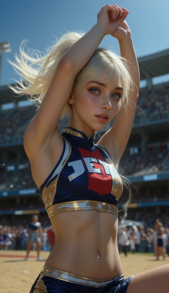 (award winning 64k concept art:1.2) of (girl, dark skin tone:1.2) in usa team sportswear at the stadium, sweet, throwing a javelin, front, epic, god rays, (sweat:1.3), centered, upper body, (masterpiece:1.2), (best quality:1.3), Amazing, highly detailed, beautiful, finely detailed, warm soft color grading, (Depth of field:1.4), extremely detailed 64k, fine art, stunning, iridescent, (shiny:1.4), (light reflections:1.3), (crisp:1.6), silver short curls, spring, vibrant, sunlit, (edge detection:1.4), absurdres, impressive, 120mm, glittering, extremely clear, lens flare, motion lines
