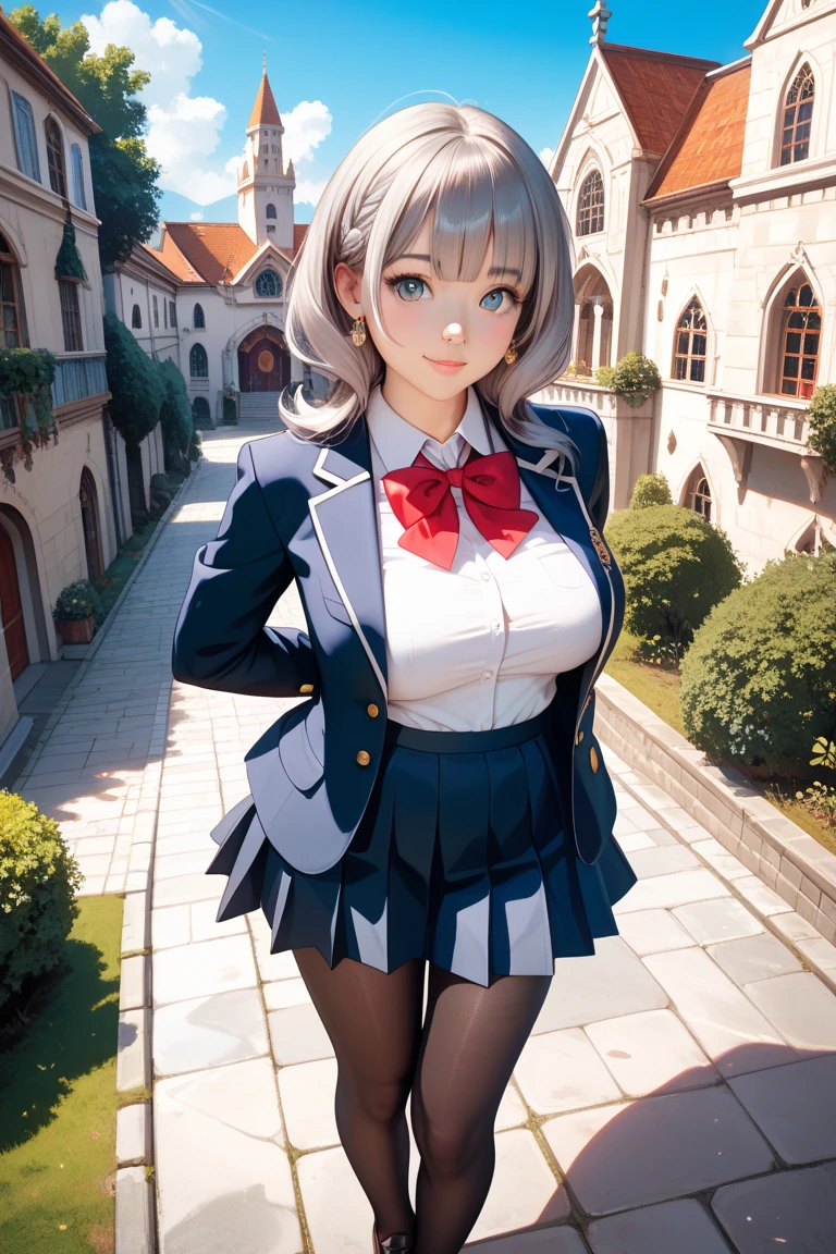 uniform、blazer、panty shot、beauty、silver hair upstyle、((whole body))、(((photo taken from below)))、school gate