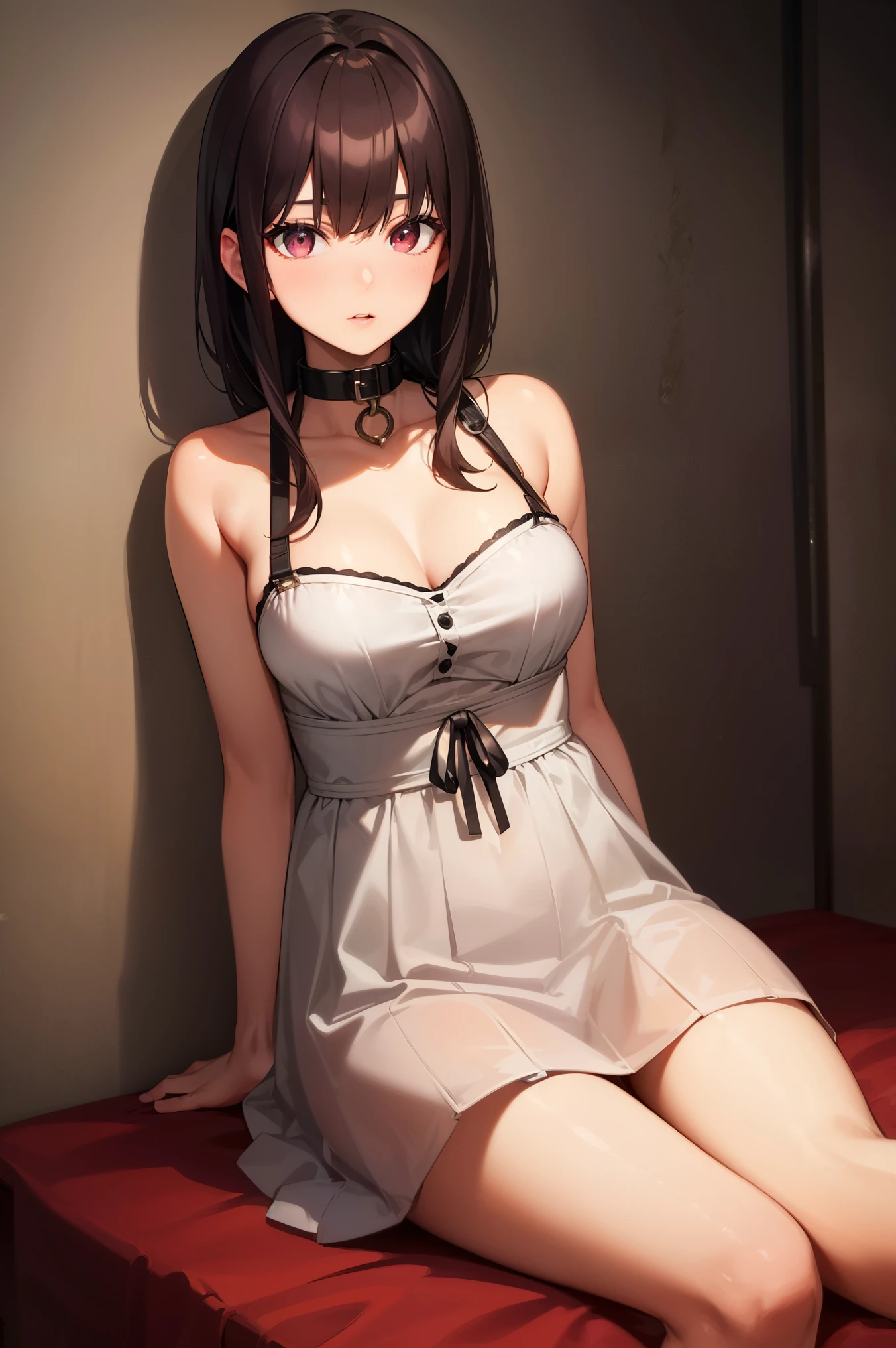 ((Highest quality)), ((2D)), (Small eyes), Perfect Face,,Beautiful Face,Slit eyes,Narrow eyes,bed,Small breasts,Thin arms,Skinny,,Black Hair,Lace camisole,Thighs