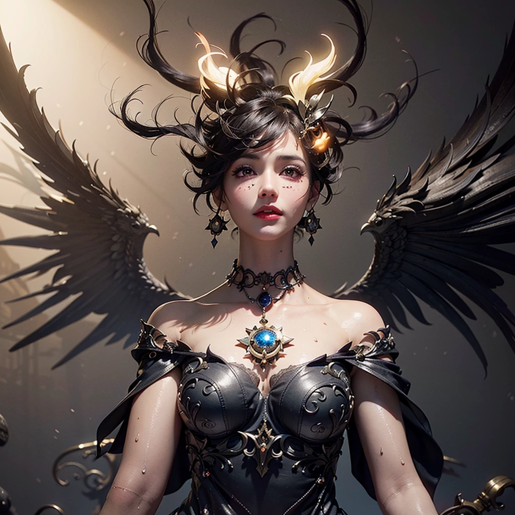 (1 beautiful woman, perfect, fantasy artwork, death godness, god, bringer of chaos, evil power around the goddess, magic, reaper, death, crow, dark, gloomy dress, majestic view, light smile, looking at the viewer, (Surrealism, depth of field, cinematic lighting, ray tracing, 135mm, close-up, dramatic pose, digital art, dramatic photo, symmetrical eyes, complex background), (masterpiece, textured skin, super detail, award winning, best quality, 16k, HDR),