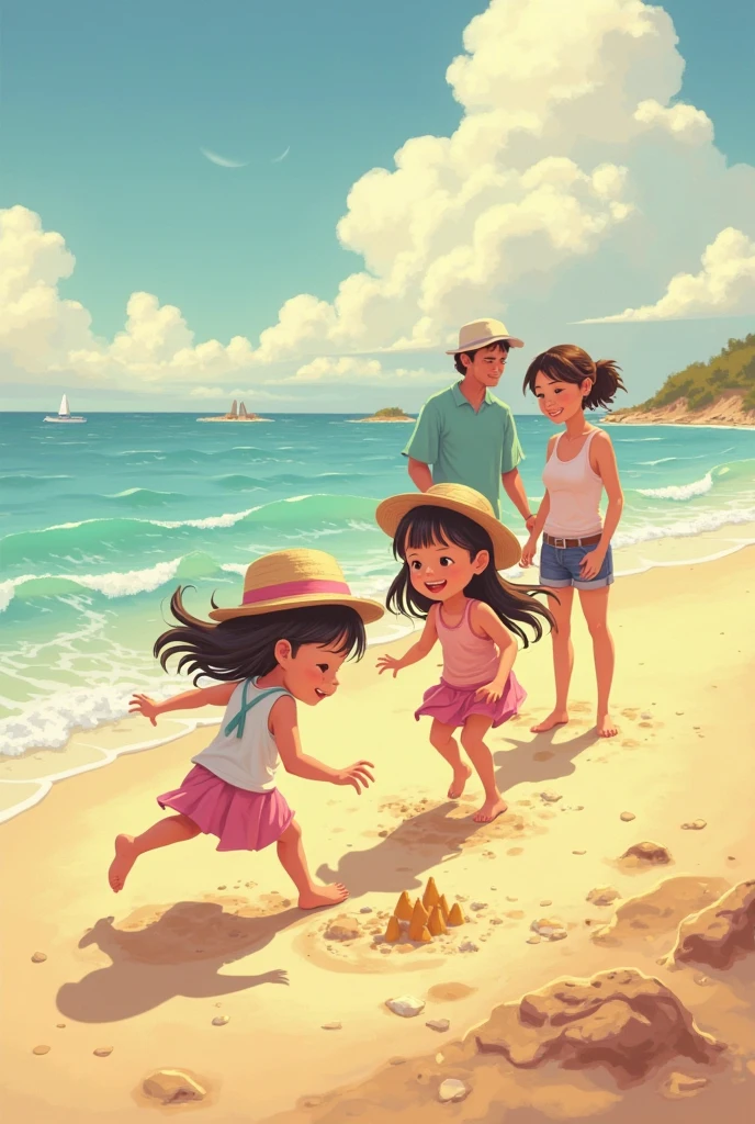 happy children playing on a beach, enjoying the sea breeze, (joyful expressions, playful gestures), sandy shore, (clear turquoise water, gentle waves), (bright sunlight, warm golden sand), (colorful beach toys), (seagulls flying overhead), (coconut trees swaying in the breeze), (seashells scattered on the sand), (footprints leading to the water), (sandcastle building), (splashing and laughter), (innocent curiosity), (carefree summer vibes), (family vacation), (relaxation and fun), portrait-oriented composition, (highly detailed illustrations, vibrant colors), (realistic lighting and shadows), (fine art digital painting), (high-resolution, 4k), (HDR effect), (professional quality).