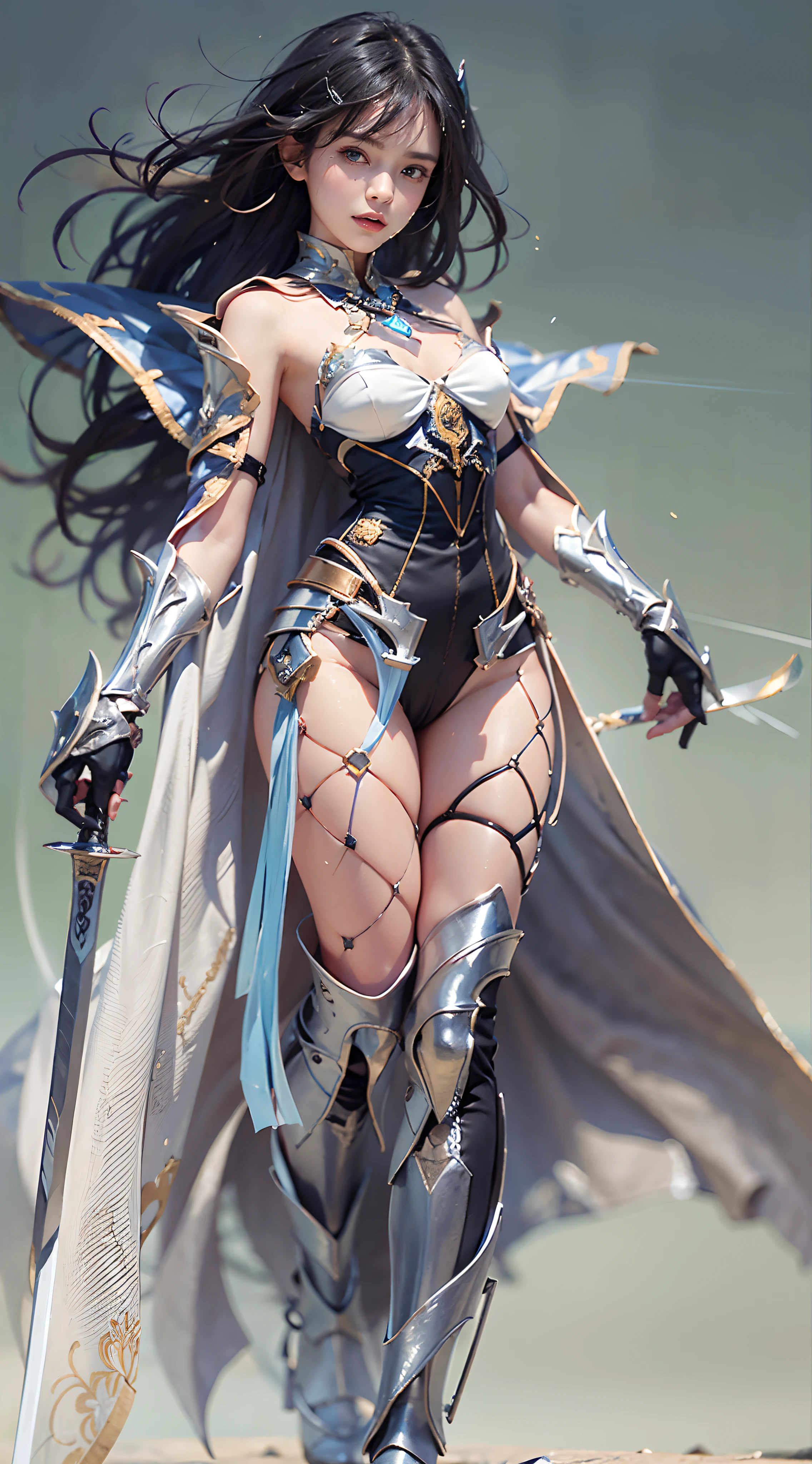 (The FW), 1womanl, Solo, 24 year old, 7headed body, (cute  face), (Ideal ratio body proportions), long , Fantasia, Magic Effects, ((West Cape Armor)), holding a greatsword, Sexy body, heavy wind, The costume is sheer, Wet, short-hair, Dark hair, , A slender, Small buttocks, beauty legs, Skinny Legs, surrealism, Cinematic lighting, depth of fields, One-person viewpoint, F/1.8, 135 mm, nffsw, masutepiece, ccurate, ((Anatomically correct)), Textured skin, Super Detail, high details, High quality, awardwinning, Best Quality, hight resolution, 8K