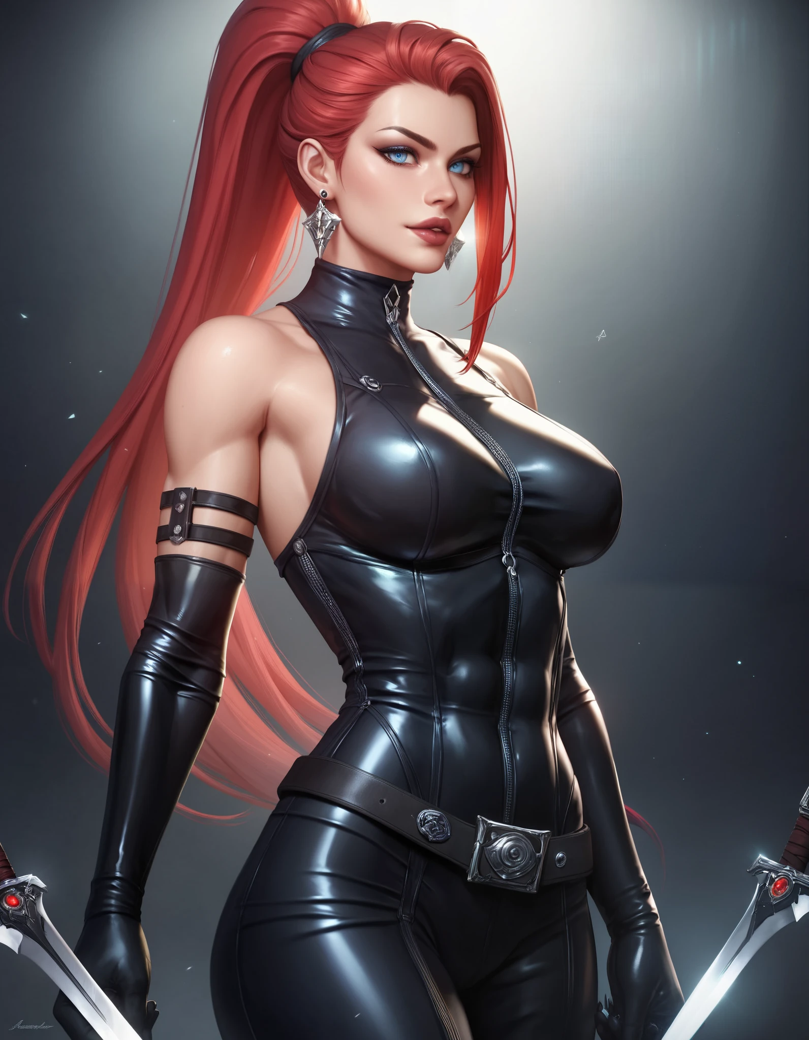a beautiful russian woman with long red hair, intricate detailed face, high cheekbones, full red lips, wearing a black swimsuit, posing with a gun in the middle of winter, dramatic lighting, cinematic angle, photorealistic, 8k, hyperdetailed, cinematic colors, moody atmosphere, dramatic shadows