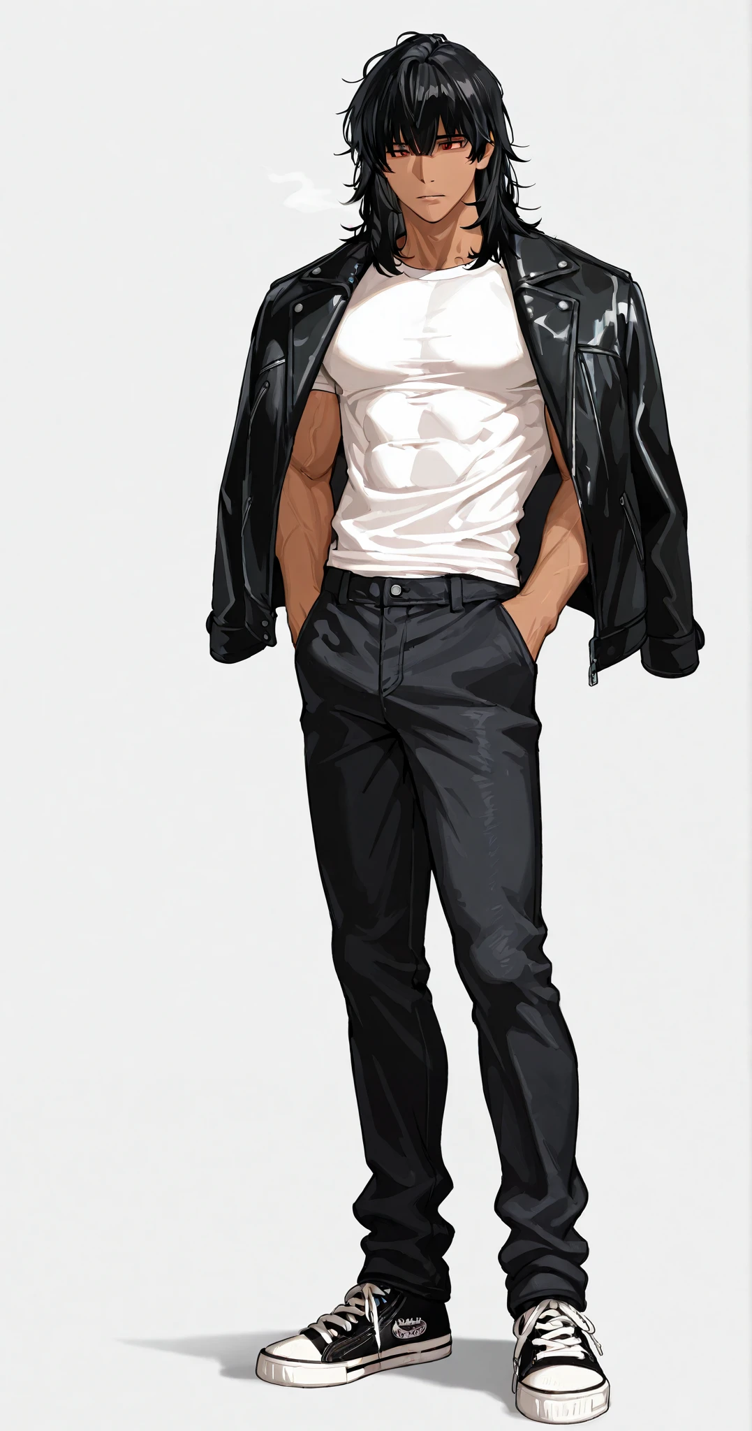 1 boy, fit, handsome, wavy black hair, middle part hair, long wolfcut, medium length hair, red eyes, cold eyes, tan, sexy body, muscular body, defined muscle, white shirt, black leather jacket on shoulders, black jeans pants, standing, hands in pocket, black high top shoes, vans shoes, plain white background