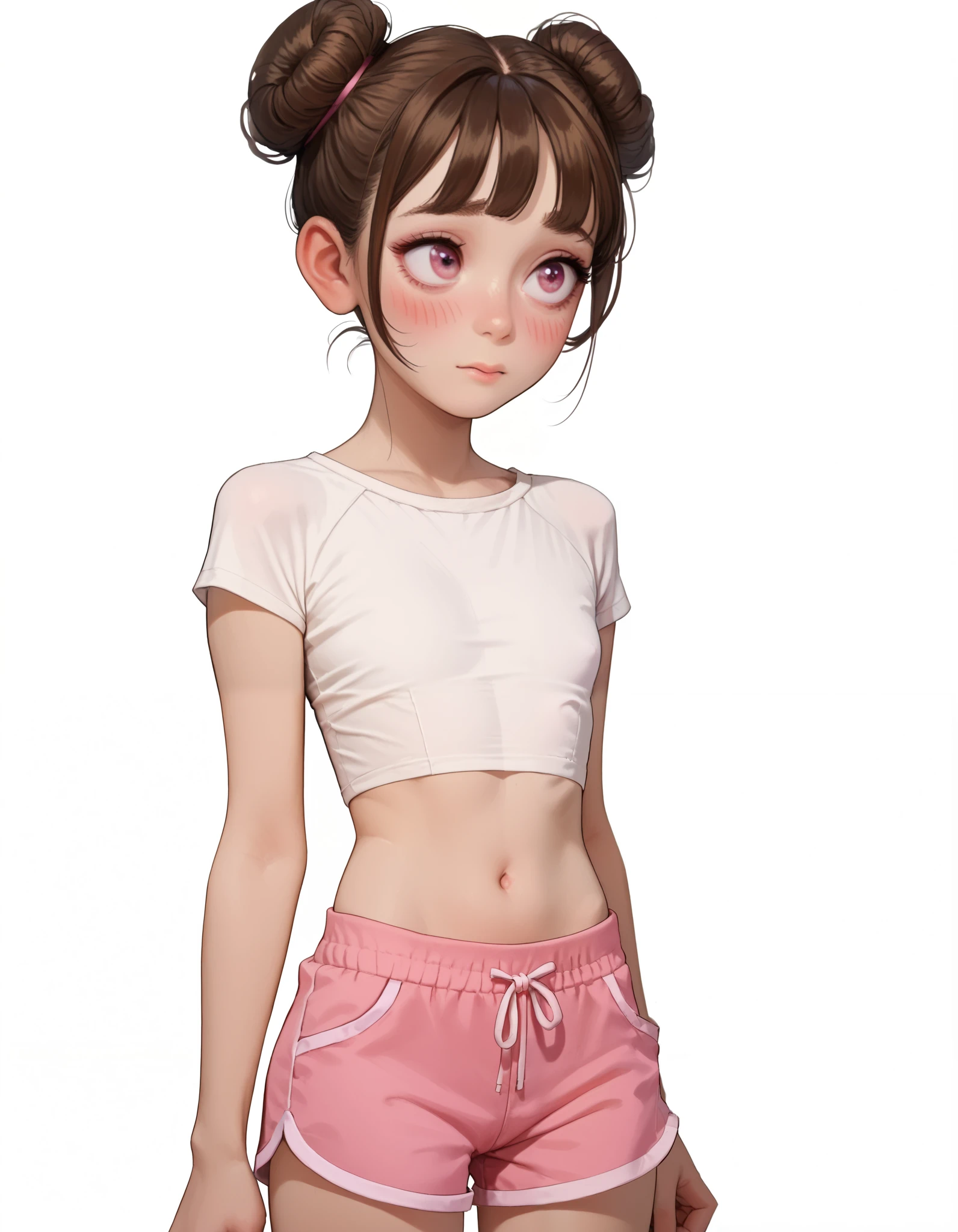 ((White background)) ((Russian girl)) 25 years old, rathing_questionable (oversize white cropped t-shirt), (pink shorts), Brown bangs curled into a bun, blushing, pink eye ,score_9, score_8_up, score_7_up, ((small breasts)) ((thin:1.4)) (Flat chest:1.4) ,Very shy