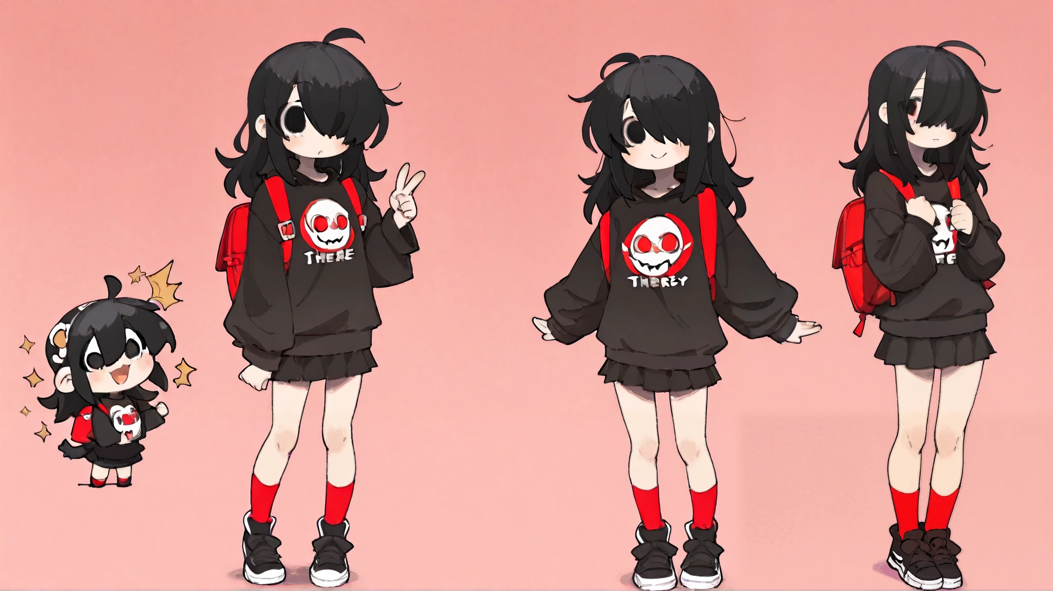 1 girl、 full body standing picture 、 black hair 、shortcuts、hair over one eye、Eyes are red and perfect、Black Puff Sweatshirt、Black Mini Skirt、 red socks、 black sneakers、red backpack。deformed、 little character、There are many、is facing here、facing the front、Poses are free、cute、