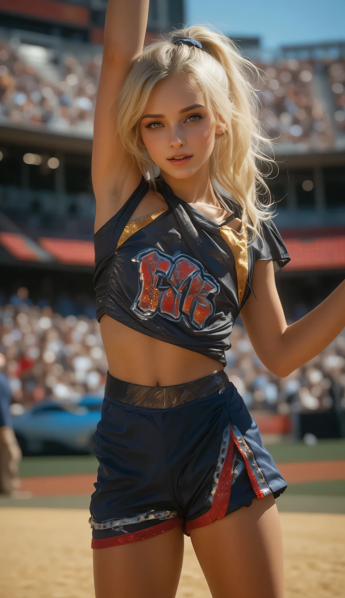 one girl, ((Highest quality)), ((masterpiece)), (detailed), ((very detailed face)), High resolution photograph, (realistic photo shoot:1.1), (doing cheer dancing), small breasts, Thin legs, cheerleader uniform, ((skirt)), (6 Pack Abs), She has a six pack belly, from before, surreal, intricate detail ,(Beautiful Delicate Eyes and Lips ), Best Shadow, so delicate and beautiful, beautiful white skin, smile, open your mouth, ponytail platinum blonde hair, bangs, blue eyes, floating hair, Good light, cowboy shooting, court, Spectator seats, sunshine, (((She wears a metallic navy cheerleader uniform with metallic gold trim))), (Sleeveless uniform), ((wearing an shorts)), (no socks on), ((Stadium Background:1.2)), (The characters "JETS" are written in red with a white border on the chest:1.2), (full body portrait:1.2), (standing in I-shape balance), (raising right leg vertically high above head, stretching legs, straightening knees and raising legs, grabbing raised leg with right hand),