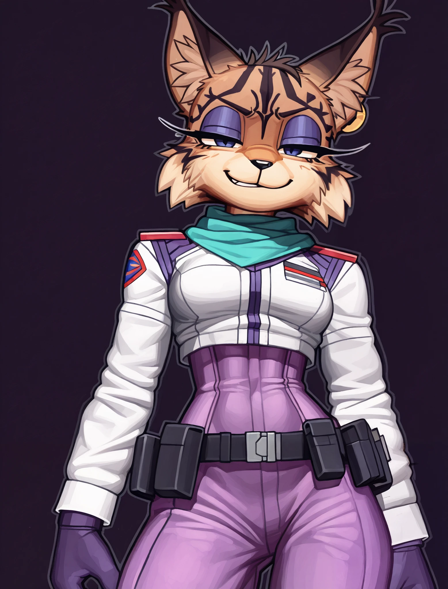 ((Miyu Lynx)), ((Starfox)), ((pixelsketcher style)), ((wamudraws style)), ((masterpiece)), ((high resolution)), ((cartoon style)), ((solo portrait)) {(attractive figure), (toned body), (slim waist), (brown fur), (lynx pattern stripes), (black nose), (long pointed lynx ears), (dark blue eyes), (half lidded eyes), (indigo eyeshadow), (long eyelashes), (smug grin), (relaxed expression)}, {(purple jumpsuit), (white jacket), (turquoise scarf), (utility belt)}, {(looking at viewer)}, ((military base))