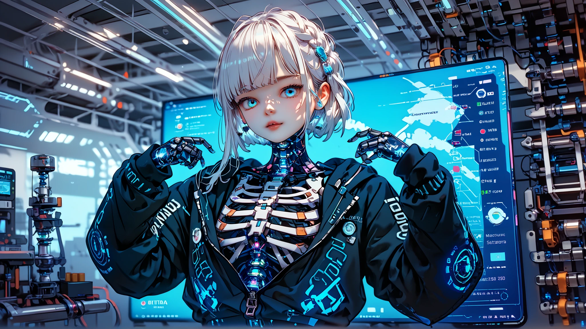 An intricate mechanical body, android ,science, light emitting diode ,metal,Metal, high definition , best quality, high definition , anatomically correct , Very detailed, Ultra High Definition, textured skin , Sharp details,Bangs, oversized hoodie unzipped and opened