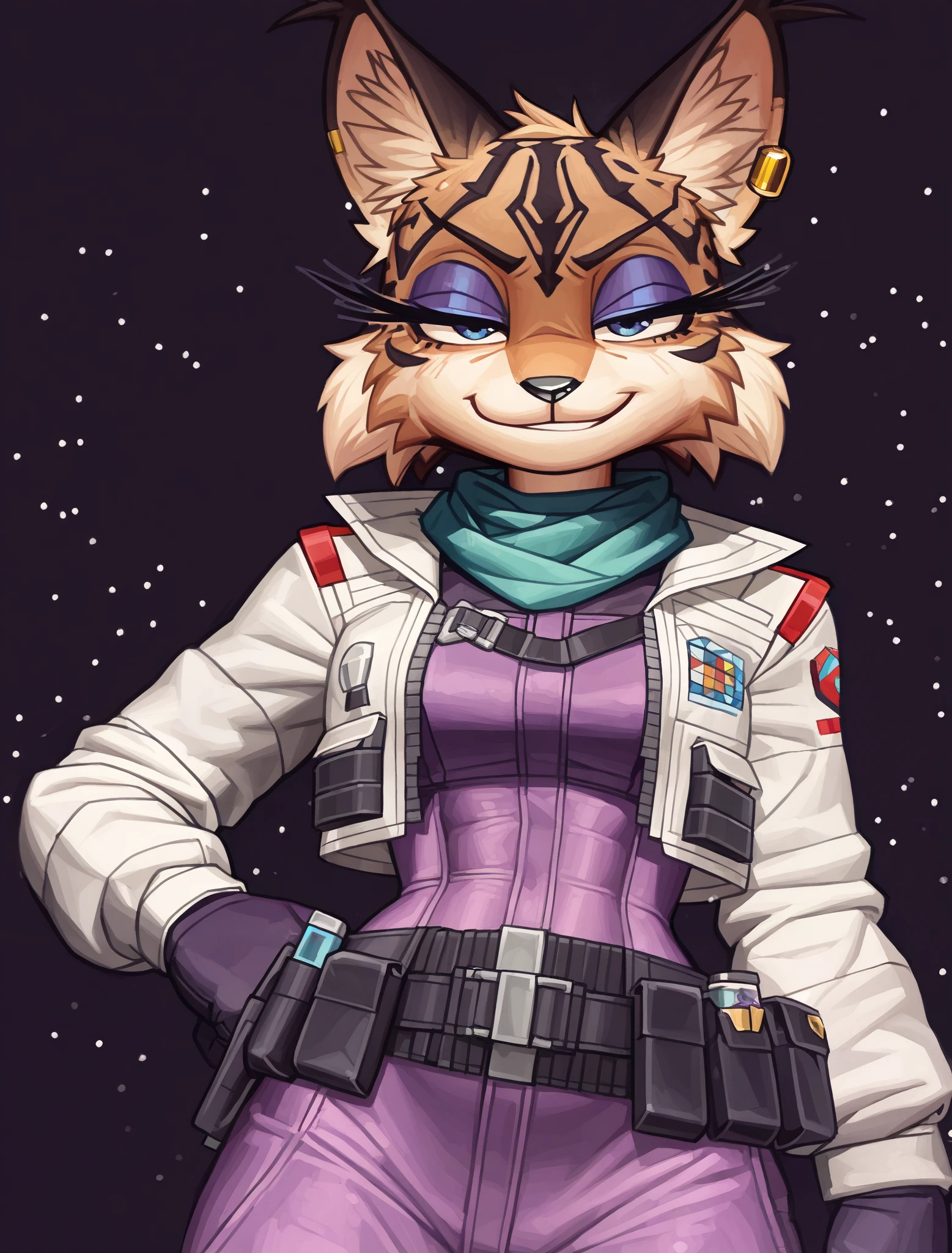 ((Miyu Lynx)), ((Starfox)), ((pixelsketcher style)), ((wamudraws style)), ((masterpiece)), ((high resolution)), ((cartoon style)), ((solo portrait)) {(attractive figure), (toned body), (slim waist), (brown fur), (lynx pattern stripes), (black nose), (long pointed lynx ears), (dark blue eyes), (half lidded eyes), (indigo eyeshadow), (long eyelashes), (smug grin), (relaxed expression)}, {(purple jumpsuit), (white jacket), (turquoise scarf), (utility belt), (gold earpiercing)}, {(looking at viewer)}, ((military base))