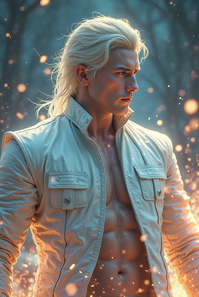 attractive wolf man beautiful slender, muscular torso, short silver hair, amber yellow eyes, white wolf fur coat, white pants torn on the left side, background a moonlight with a lake mirroring the dark night and a forest