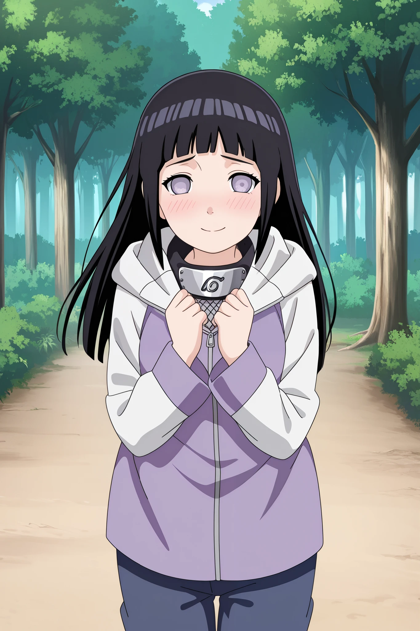 1girl,Hinata Hyuga,long hair,blunt bangs, black hair, purple eyes,forehead protector,konohagakure symbol,purple and white hooded jacket,fishnets,blue pants,shy,blushing,hands on chest,arms up,clenched fists,looking at viewer,blush,standing, smile,medium shot, outdoors, forest,anime screenshot,highres,absurdres,high resolution,amazing quality