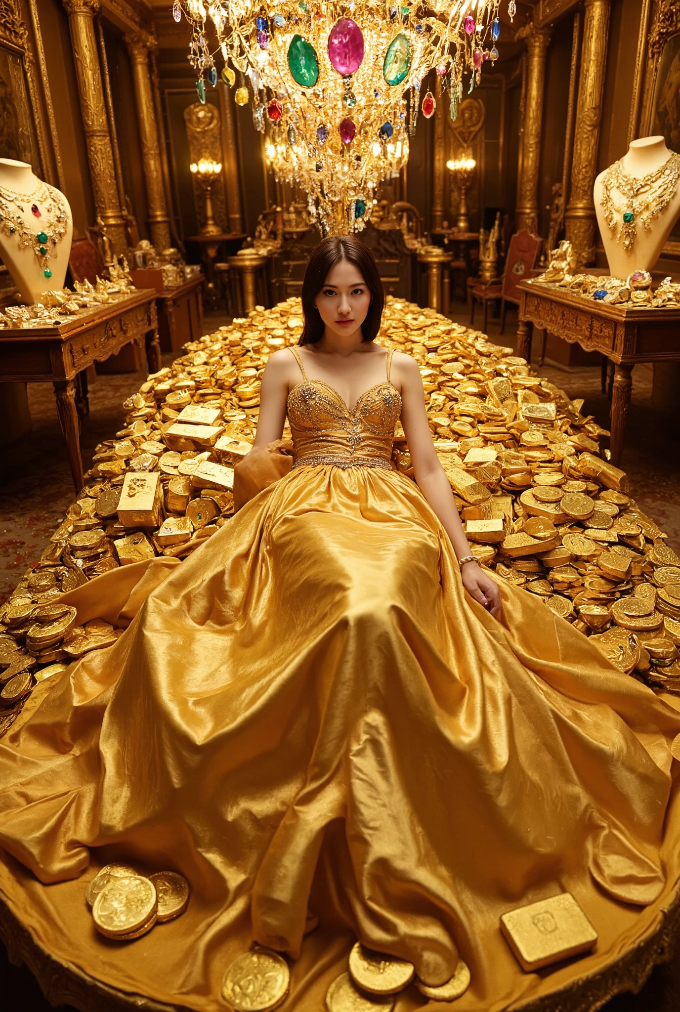Create an image of a 20-year-old Japanese girl with fair skin, featuring medium-length straight hair, elegantly dressed in a stunning golden gown. She is lying atop a massive pile of gold bars and coins, surrounded by an astonishing array of luxurious jewelry. The opulent Rococo-style room is adorned with a dazzling display of gold artifacts and gemstones, showcasing the brilliant sparkle of diamonds, rubies, sapphires, and emeralds. The scene captures an atmosphere of wealth and extravagance, highlighting the enchanting glow of the treasures.