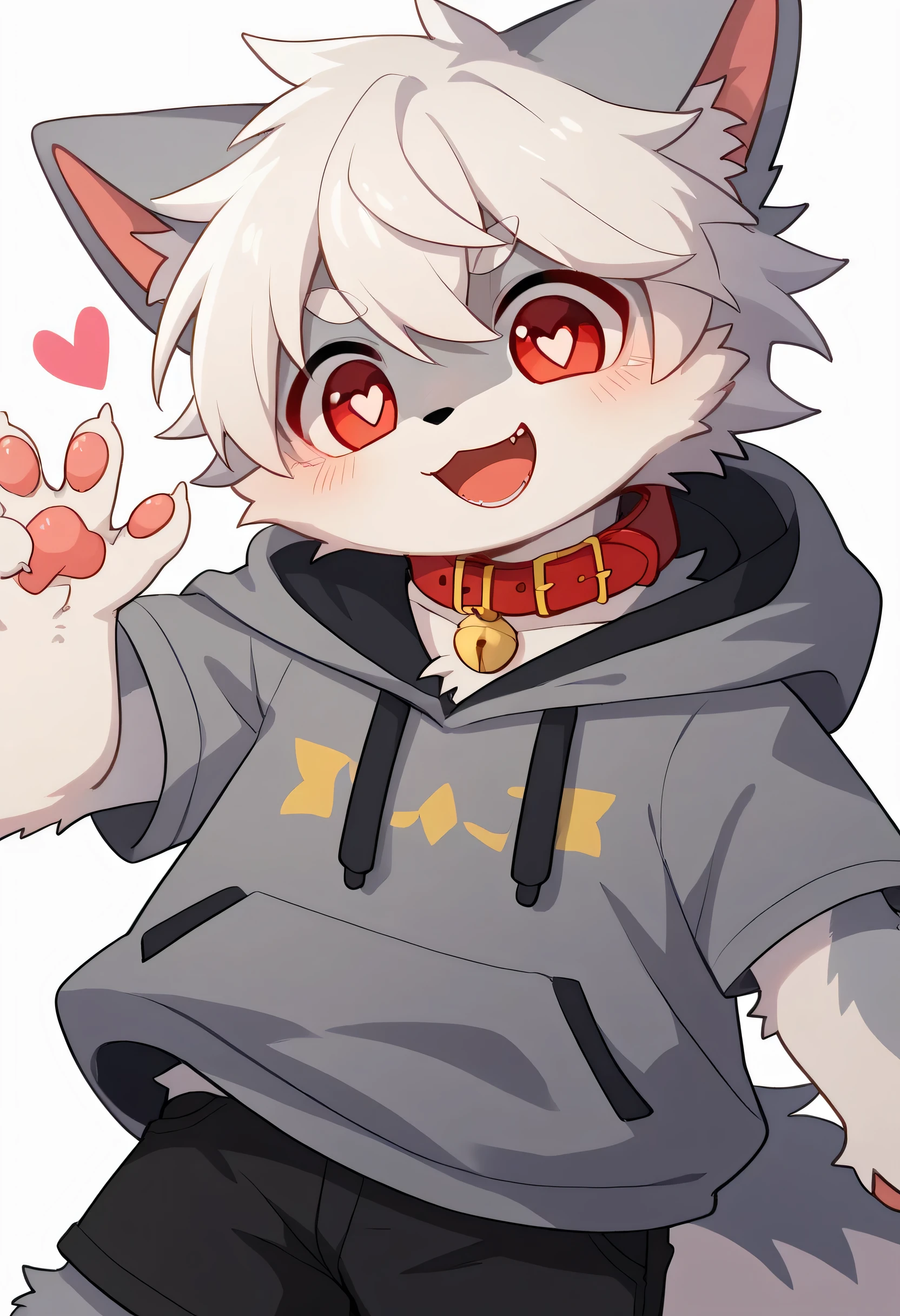 very detailed bustな, very detailed bust, white hair with gray coat ,,male, excited to see bones , wolf fur, excited,Participation, cute face , something furry ,Horny maleの子, red collar on the floor,Cute ears ,Fluffy ears ,Fluffy ears , Show me your legs , Show me a cat's hand , red collar on the floorと紐を持っている, red collar on the floorと紐を持っている, cute fur maleの子 , maleの子, heart eye ,Horny maleの子 , Black Back ,white background, blush nose , alone, droopy ears, black shorts ,Green short sleeve hoodie