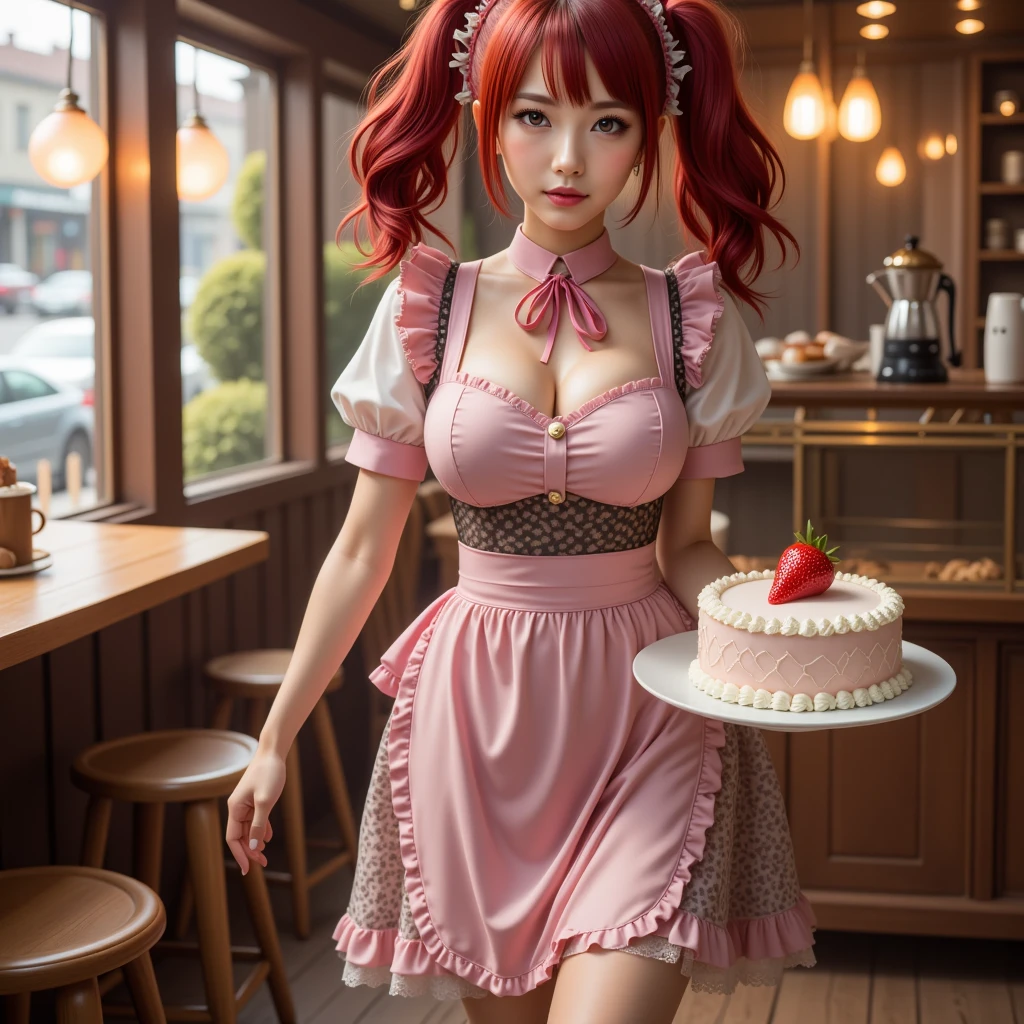 1girl in, 独奏, Nakano Nino, Pink hair, butterfly hair ornament, (barechested:1.3), (White Apron),, cleavage of the breast, thighs thighs thighs thighs, Cafe Background, (red blush:1.3), Opening legs