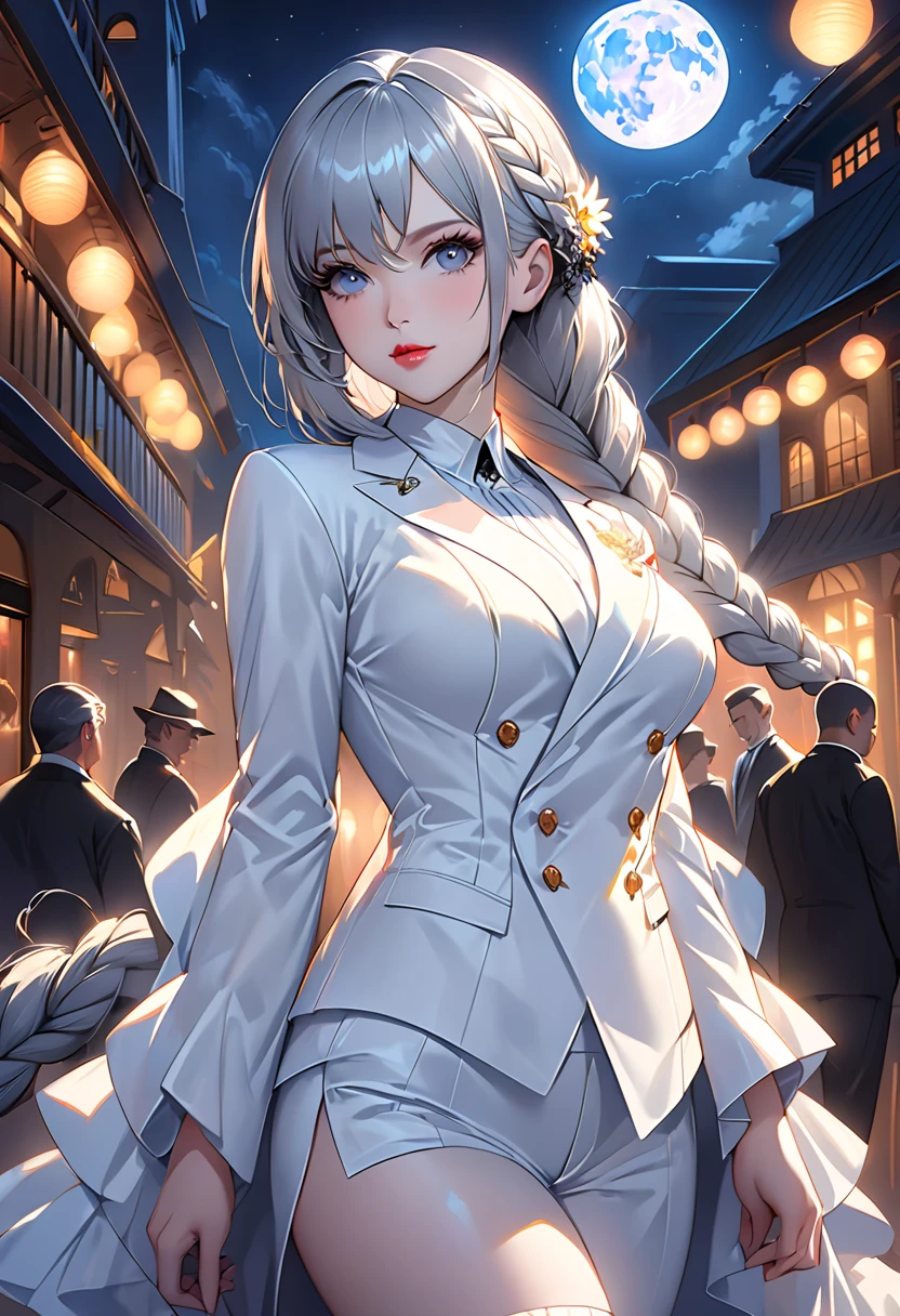 (8k, CRU photo, work of art:1.3), (realisitic, photo-realisitic:1.37), (natta), (looking ahead at viewer:1.331), (White hair), posando, Tokyo street, nattacityscape, cyberpunk city, smooth light, 1 girl, Extremely beautiful face, Bustness, put your hands down, Random hairstyled, Random Expression, eyes large, lower abdomen, (manga curta .JK_chemise), JK_styled, (dark blue JK_overskirt), (bow JK_necktie), mix4., best qualityer