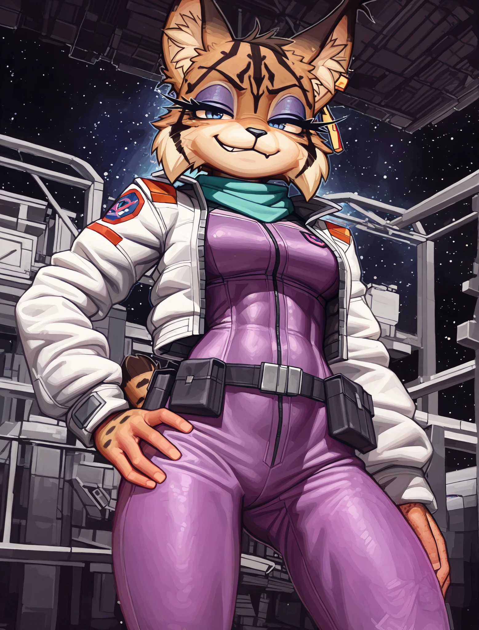 ((Miyu Lynx)), ((Starfox)), ((pixelsketcher)), ((wamudraws)), ((masterpiece)), ((high resolution)), ((solo portrait)) {(attractive figure), (toned body), (beautiful legs), (brown fur), (lynx pattern stripes), (black nose), (long pointed lynx ears), (dark blue eyes), (half lidded eyes), (indigo eyeshadow), (long eyelashes), (smug grin), (relaxed expression)}, {(purple jumpsuit), (white jacket), (turquoise scarf), (utility belt)}, {(standing), (hand on hip), (looking at viewer)}, ((hangar)), ((space))