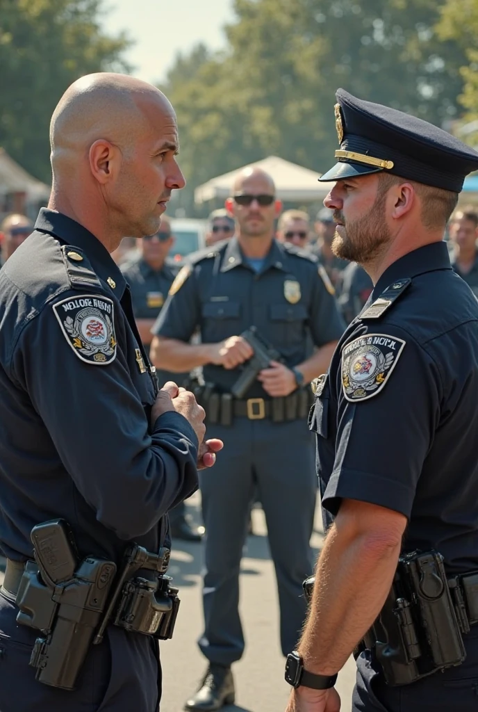 portrait of handsome 2boys, mustache, policemen, talking to each other, interracial, cop hat,
<lora:chevron-mustache:.7>