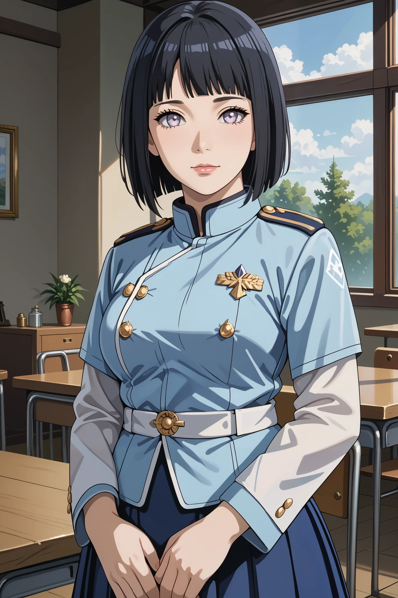 score_9, score_8_up, score_7_up, source_anime, 4K,perfect fingers,(perfect hands, perfect anatomy),prefect lighting, very aesthetic, intricate details,highly detailed background, masterpiece, high quality, best quality,
1girl, hinata_boru, bangs, short hair, black hair, mature female,huge breast,dense chest,
wearing ((blue jacket, blue skirt, jacket,military, military uniform, )),,
looking at viewer, indoors, military place, (perfect hands, perfect anatomy),