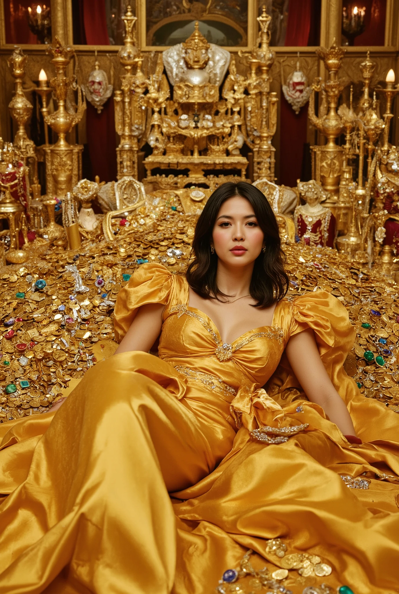 Create an image of a 20-year-old Japanese girl with fair skin, featuring medium-length straight hair, elegantly dressed in a stunning golden gown. She is lying atop a massive pile of gold bars and coins, surrounded by an astonishing array of luxurious jewelry. The opulent Rococo-style room is adorned with a dazzling display of gold artifacts and gemstones, showcasing the brilliant sparkle of diamonds, rubies, sapphires, and emeralds. The scene captures an atmosphere of wealth and extravagance, highlighting the enchanting glow of the treasures.