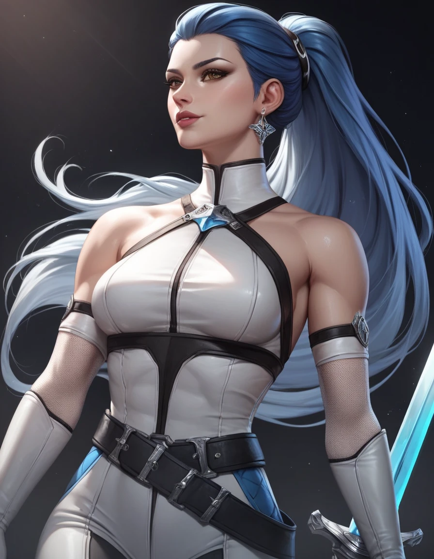 uma , Jinx from arcanes ((holding a pirate saber)) , realistics pirates clothes, long braids blue hair, mature, Stand up, maquiagem, Lips are soft or colored, simple light, uncontrasted, simple plain wallpaper background, silhuetas simples, lineart, minimalist